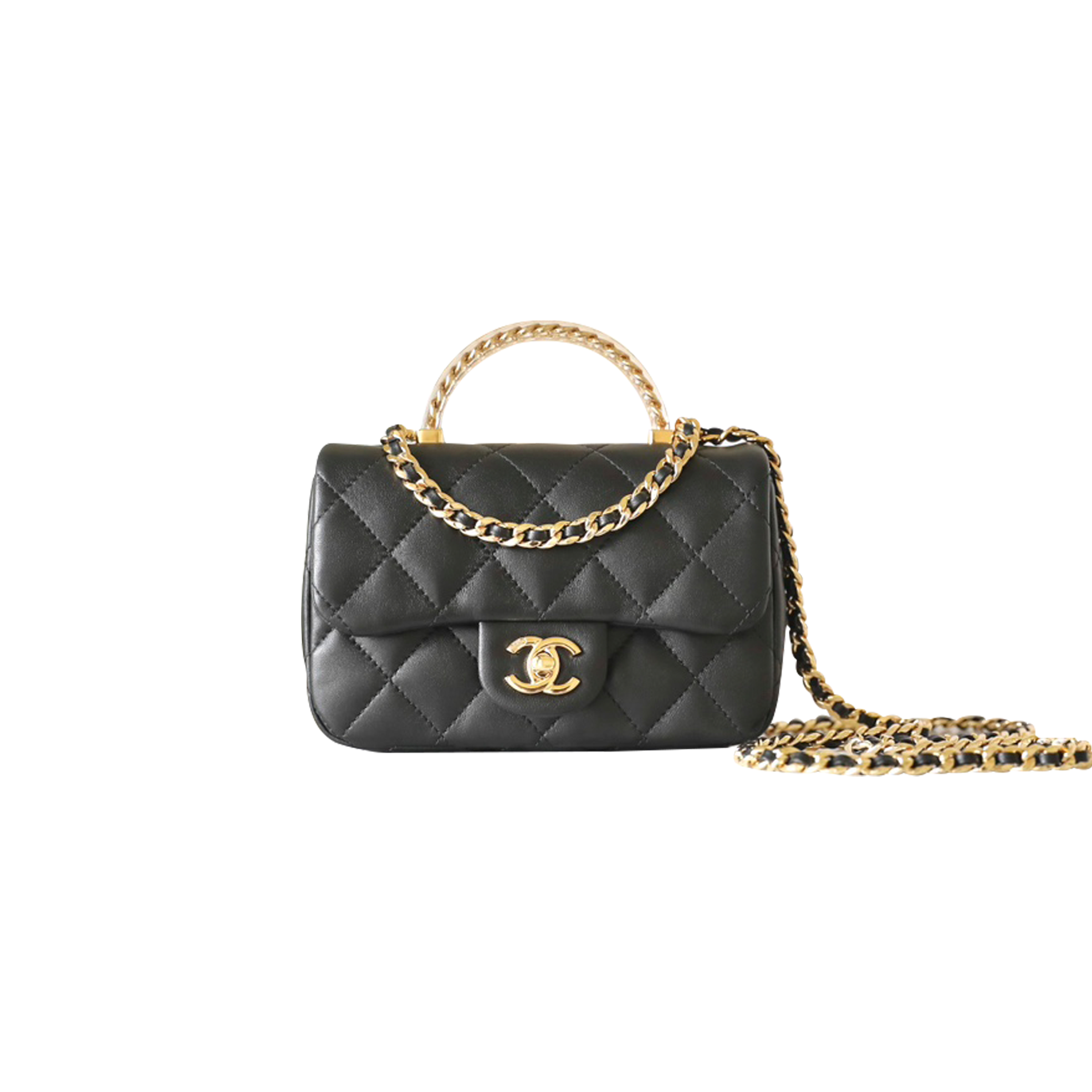 CH*NEL MASTER MINI MATELASSE LAMBSKIN 2WAY SHOULDER BAG TOP HANDLE BLACK GOLD METAL AS4848 (19*12*6c
