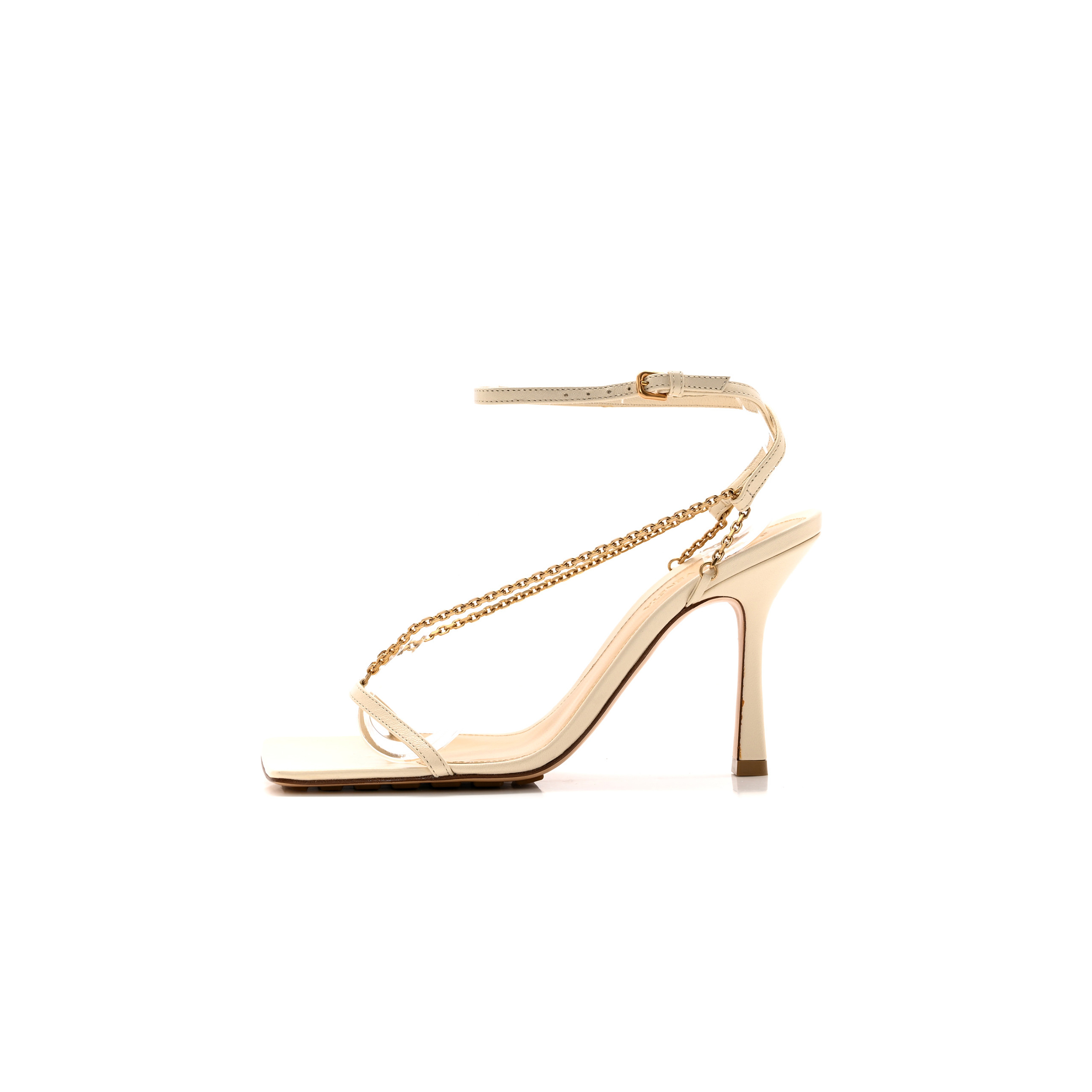 bo*te*ga Ve*ne*ta lambskin stretch chain strap 90mm sandals 375 sea salt