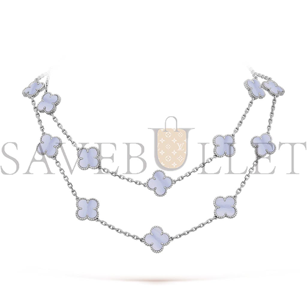 VAN CLEEF ARPELS VINTAGE ALHAMBRA LONG NECKLACE, 20 MOTIFS - WHITE GOLD, CHALCEDONY VCARD80900