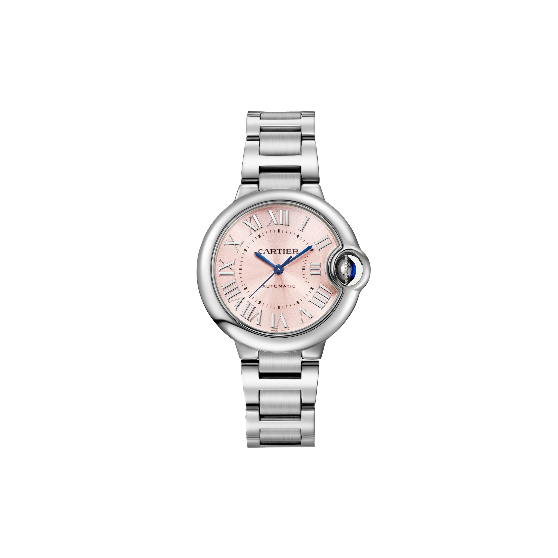 CARTIER BALLON BLEU DE WATCH 28 MM STEEL DIAMOND CASE DIAMOND BEZEL PINK DIAL W6920038
