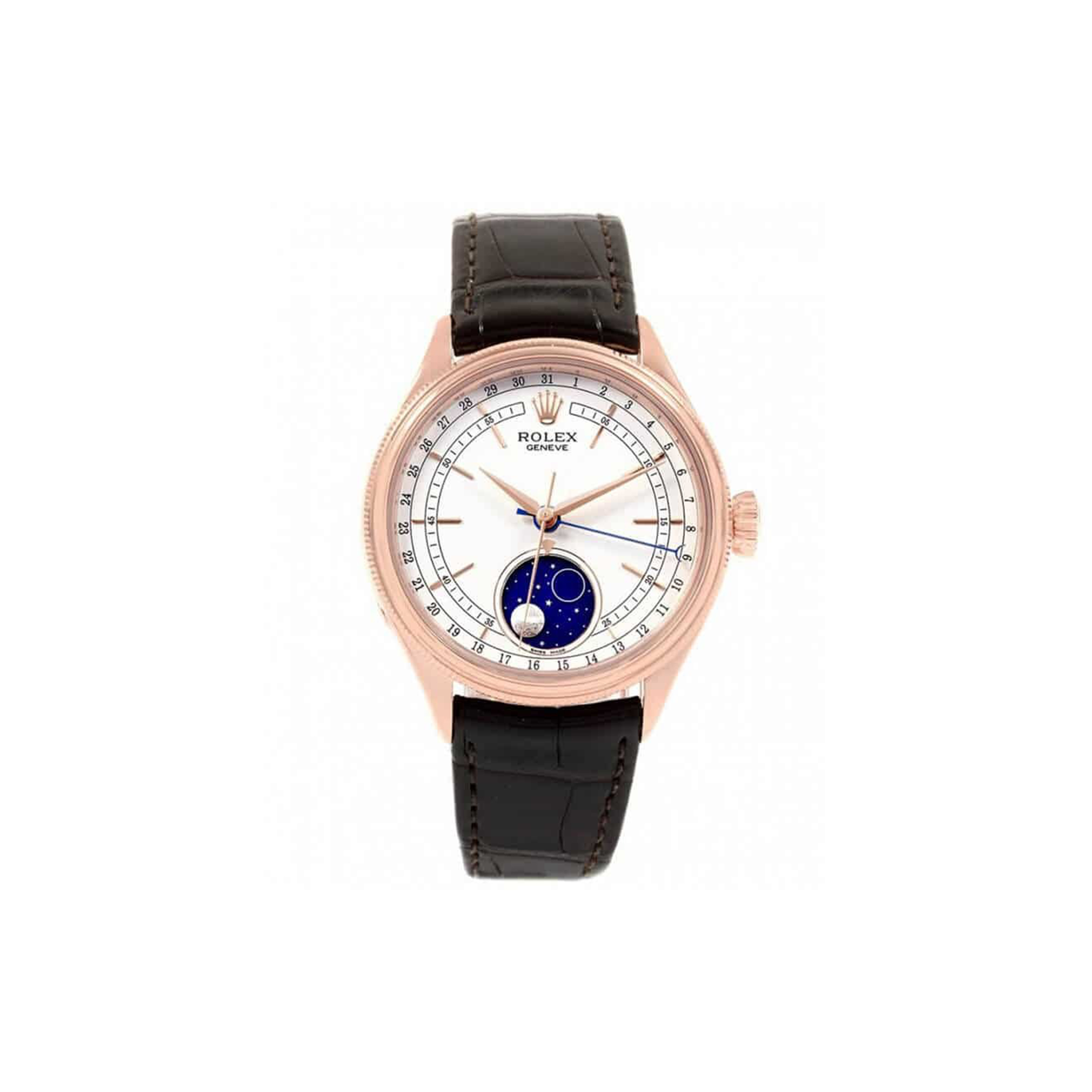 RO*EX CELLINI MOONPHASE WHITE 18K ROSE GOLD LEATHER EVEROSE WATCH 50535