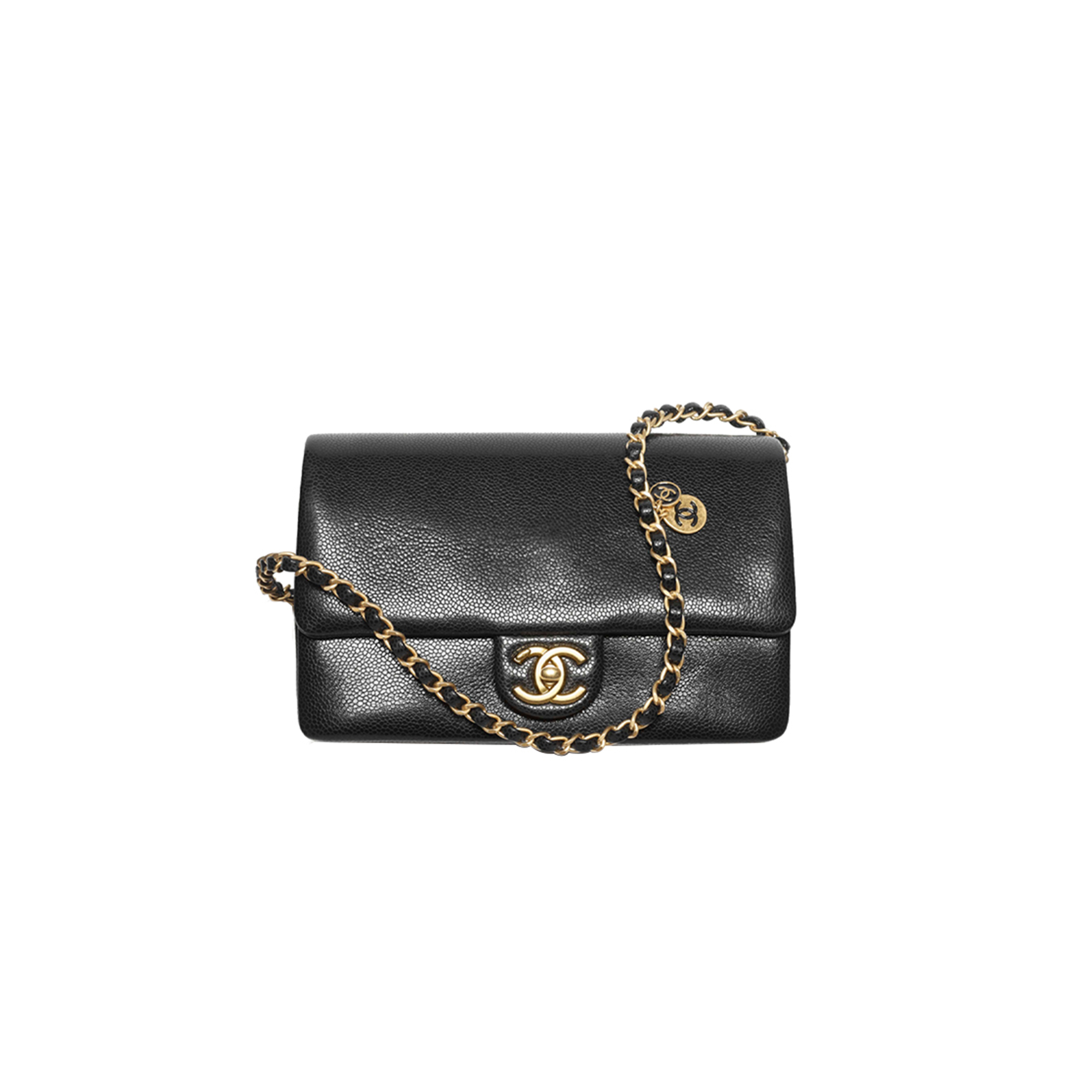 Ch*el small flap bag grained shiny calfskin & gold-tone metal as5186  (23*15*8cm)