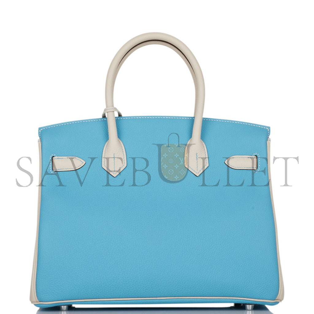 h**mes master birkin 25 togo leather Nor*hern blue and milkshake white silver buckle handbag 2161400178398 (25*20*13cm)