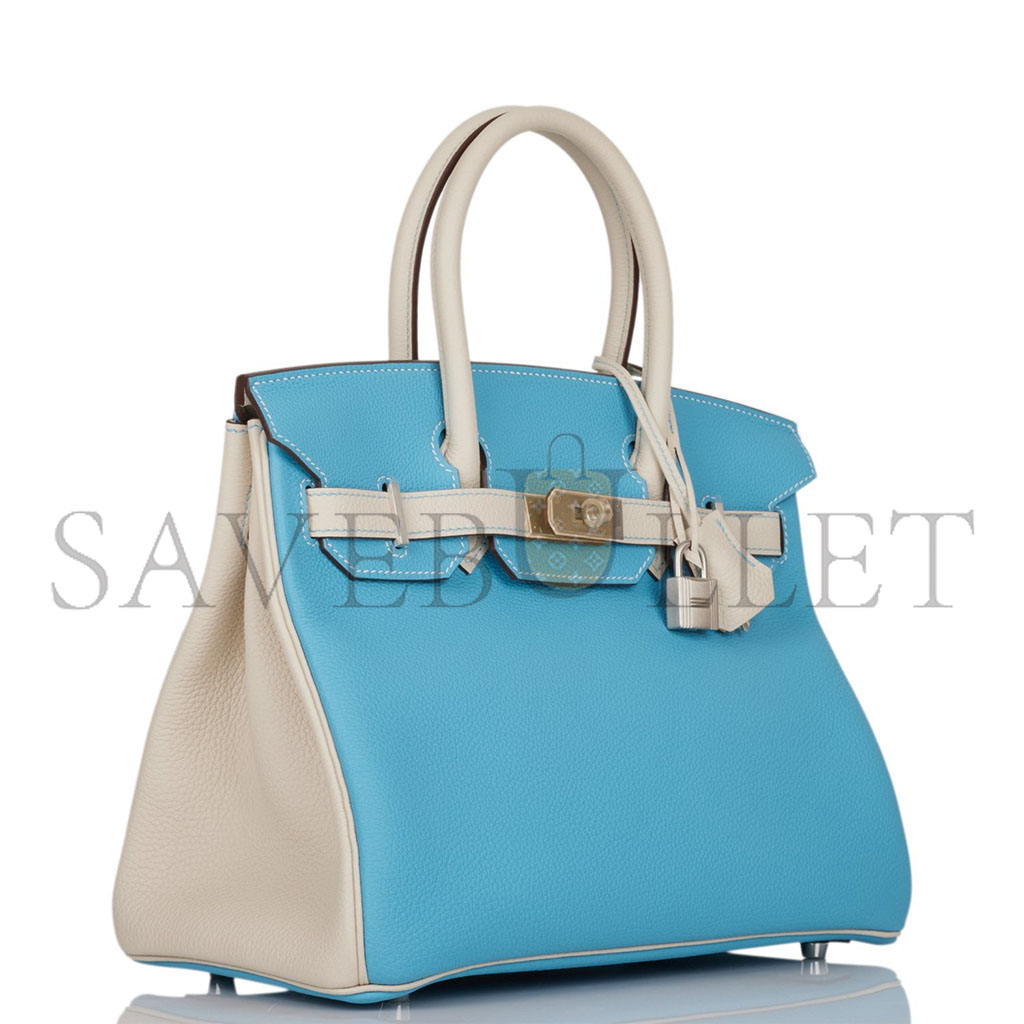 h**mes master birkin 25 togo leather Nor*hern blue and milkshake white silver buckle handbag 2161400178398 (25*20*13cm)