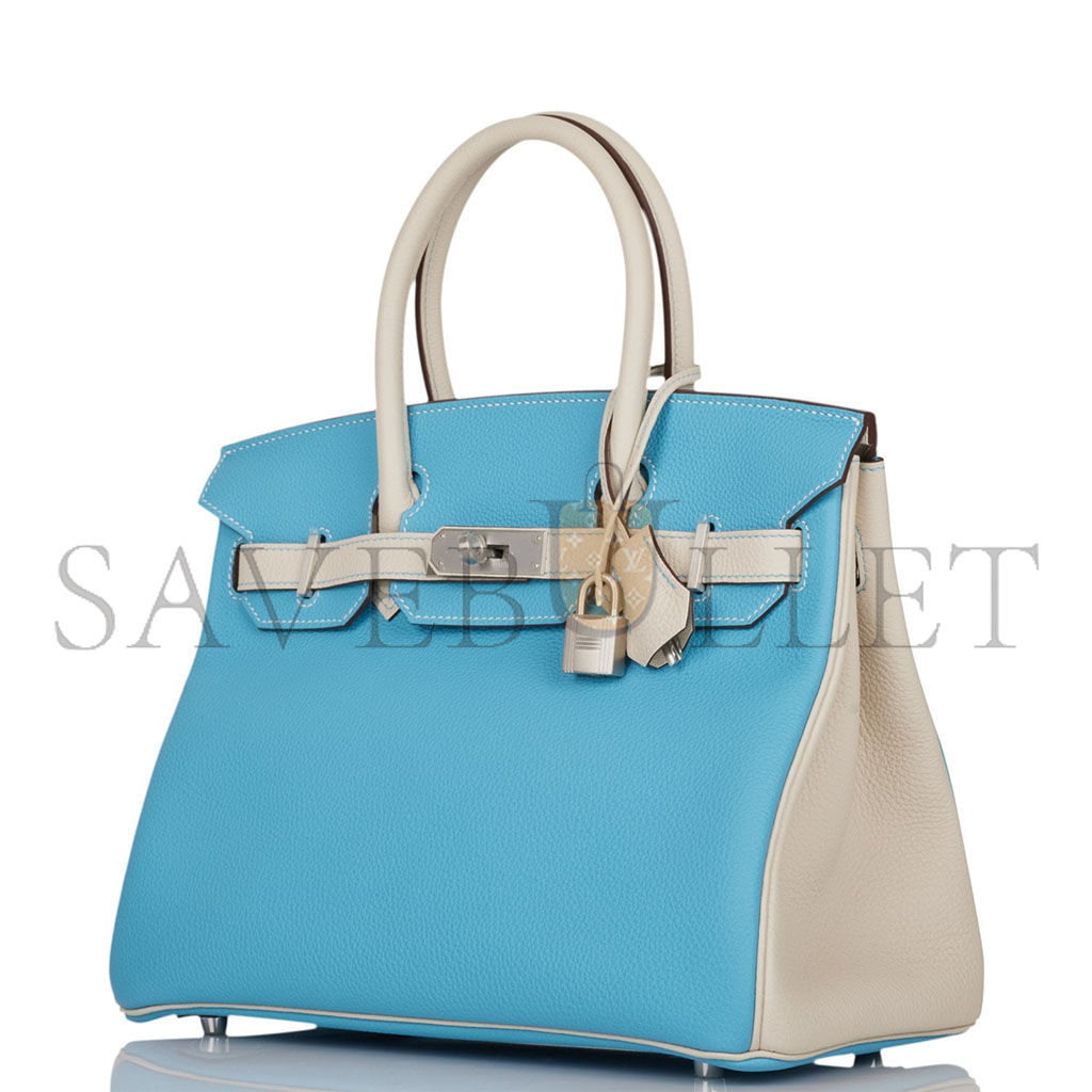 h**mes master birkin 25 togo leather Nor*hern blue and milkshake white silver buckle handbag 2161400178398 (25*20*13cm)