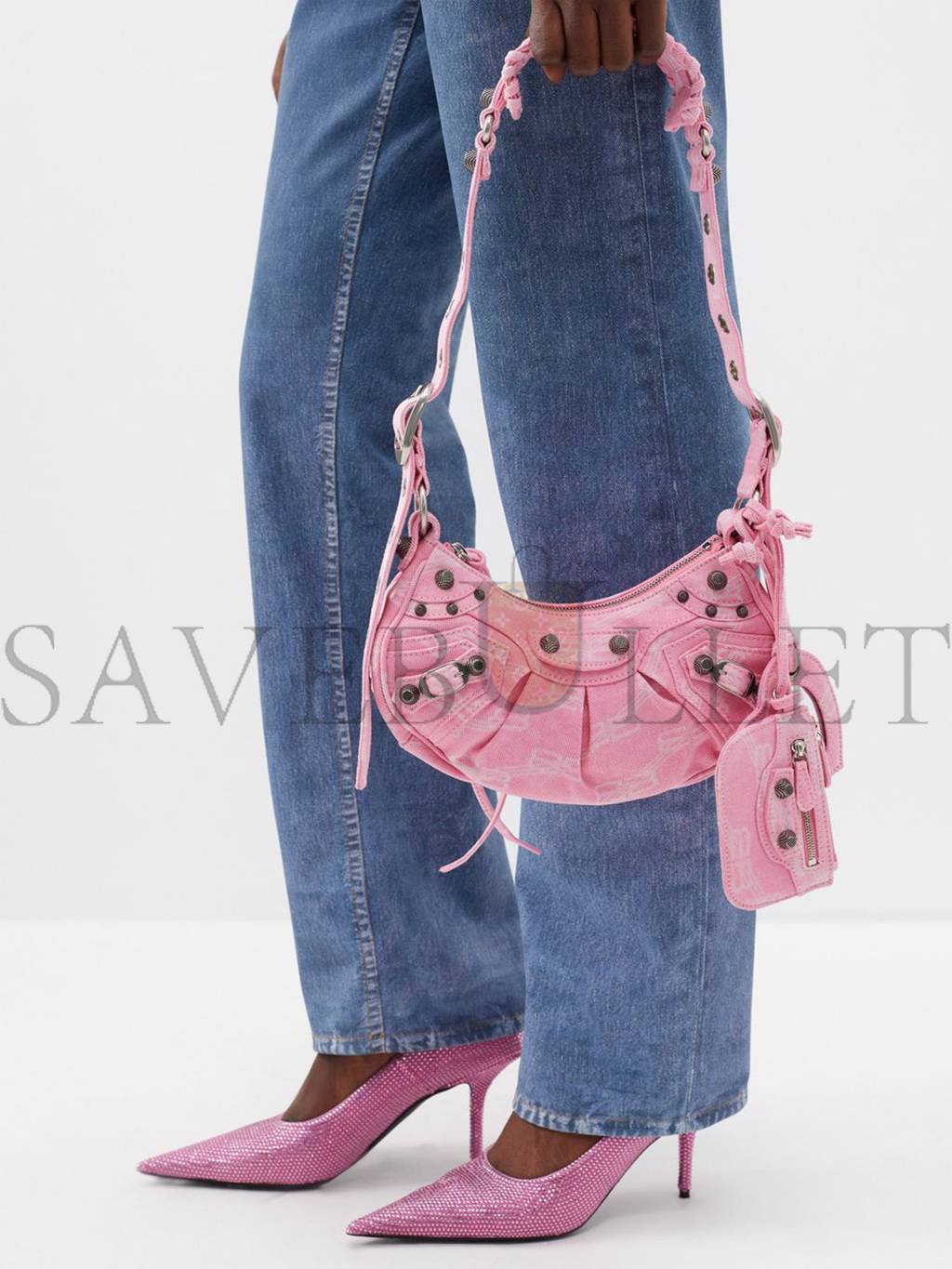 Ba*len*cia*ga pink le cagole xs logo-print denim shoulder bag matchesfashion us (25.6*11.4*7.3cm)