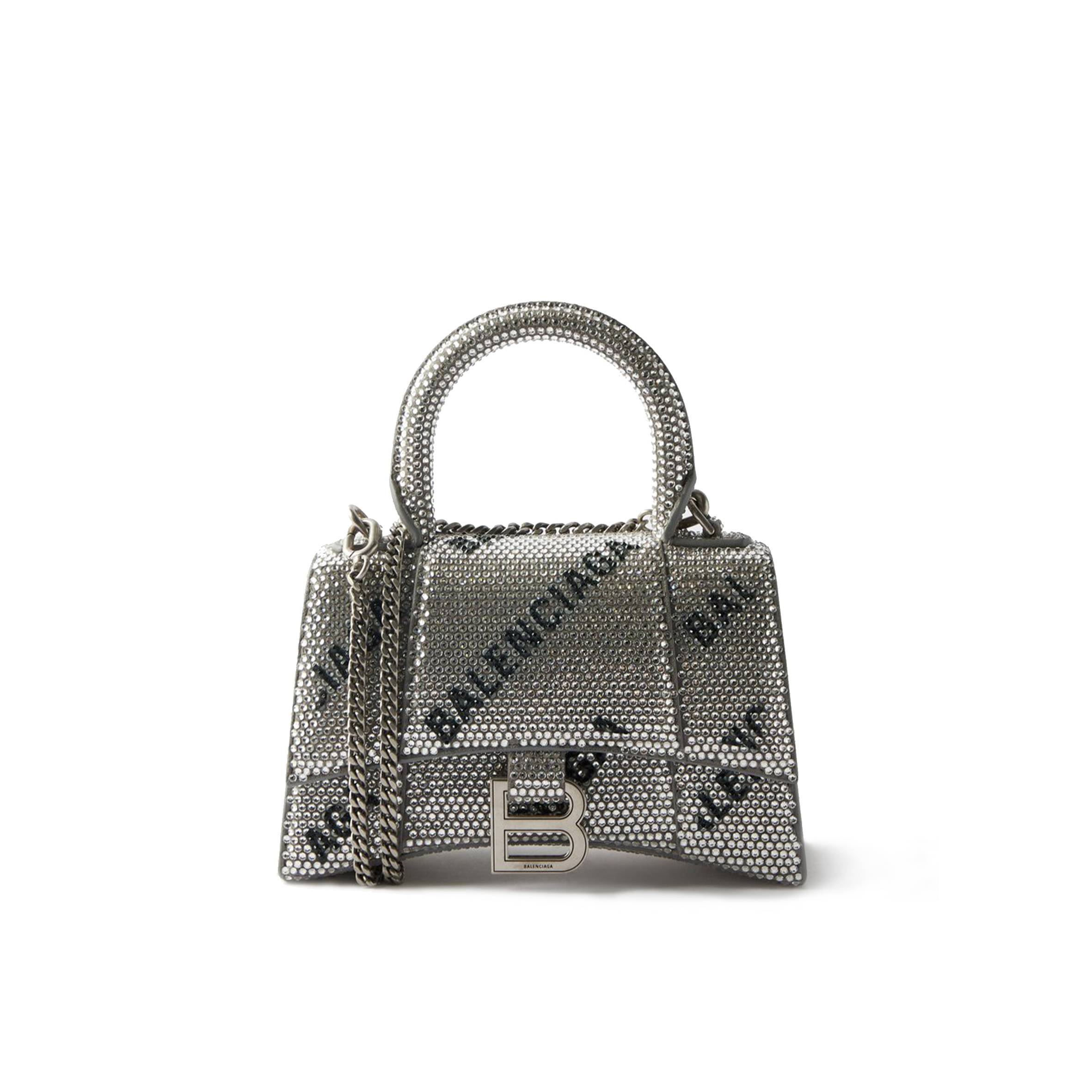 Ba*len*cia*ga silver hourglass xs crystal-embellished leather bag matchesfashion us (19*12*6.6cm)