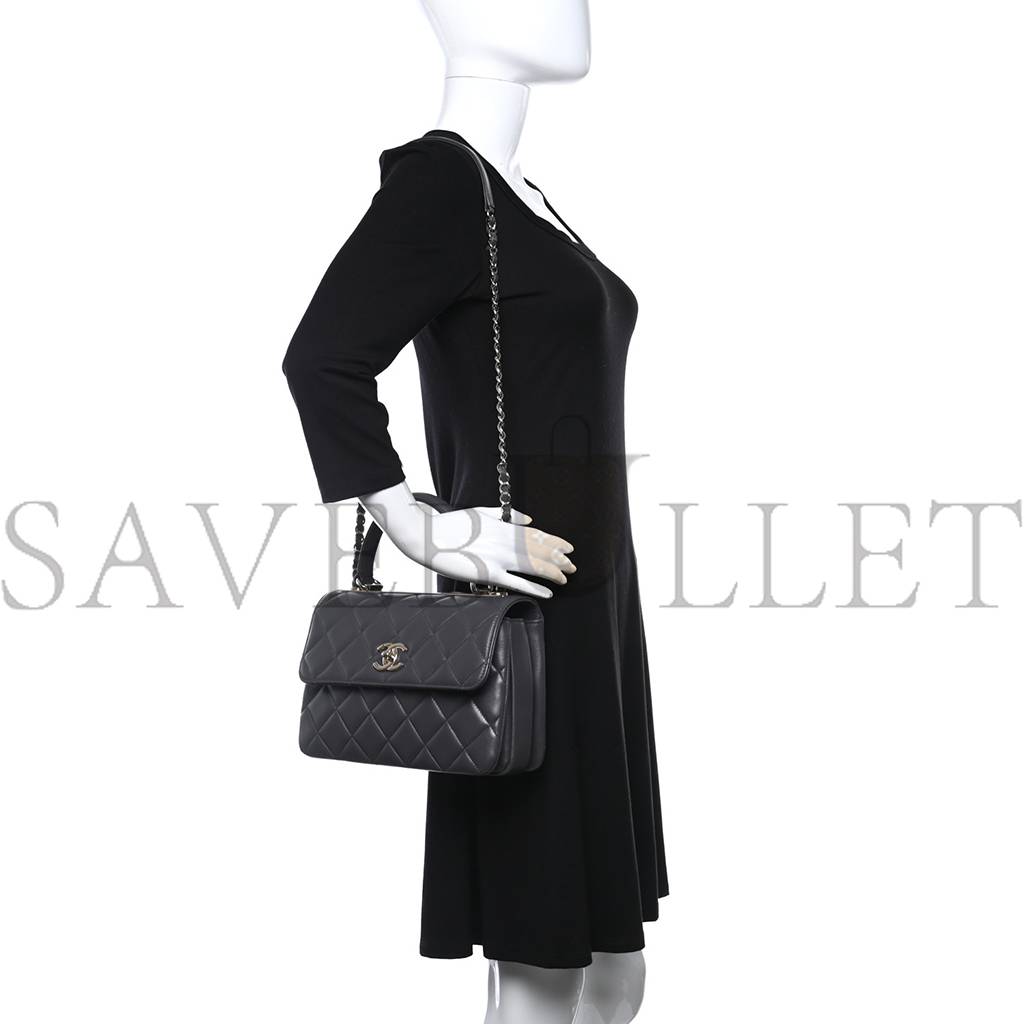 CH*NEL LAMBSKIN QUILTED SMALL TRENDY CC DUAL HANDLE FLAP BAG DARK GREY ROSE GOLD HARDWARE (25*17*9cm