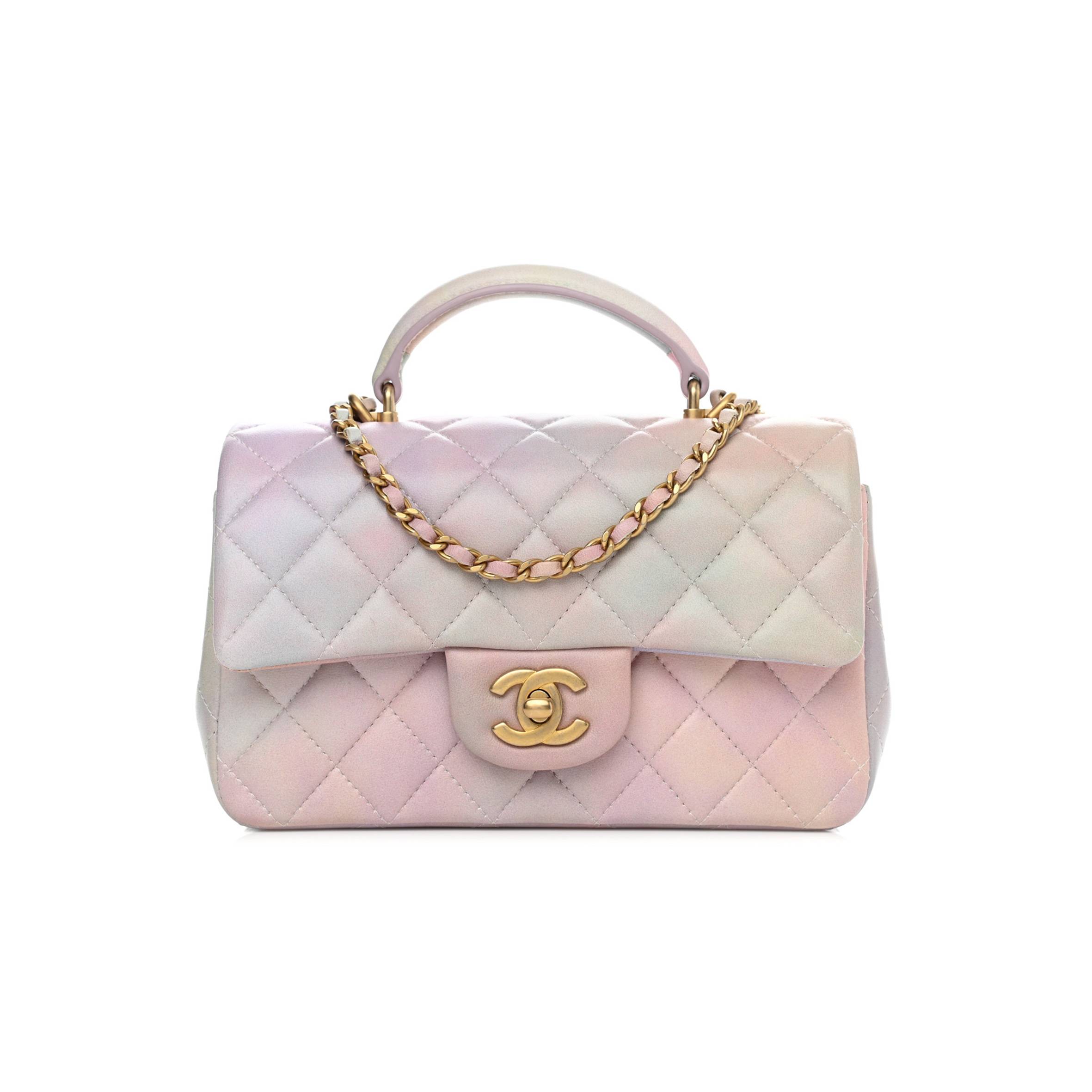 CH*NEL LAMBSKIN QUILTED OMBRE MINI TOP HANDLE RECTANGULAR FLAP PINK MULTICOLOR GOLD HARDWARE (20*13*
