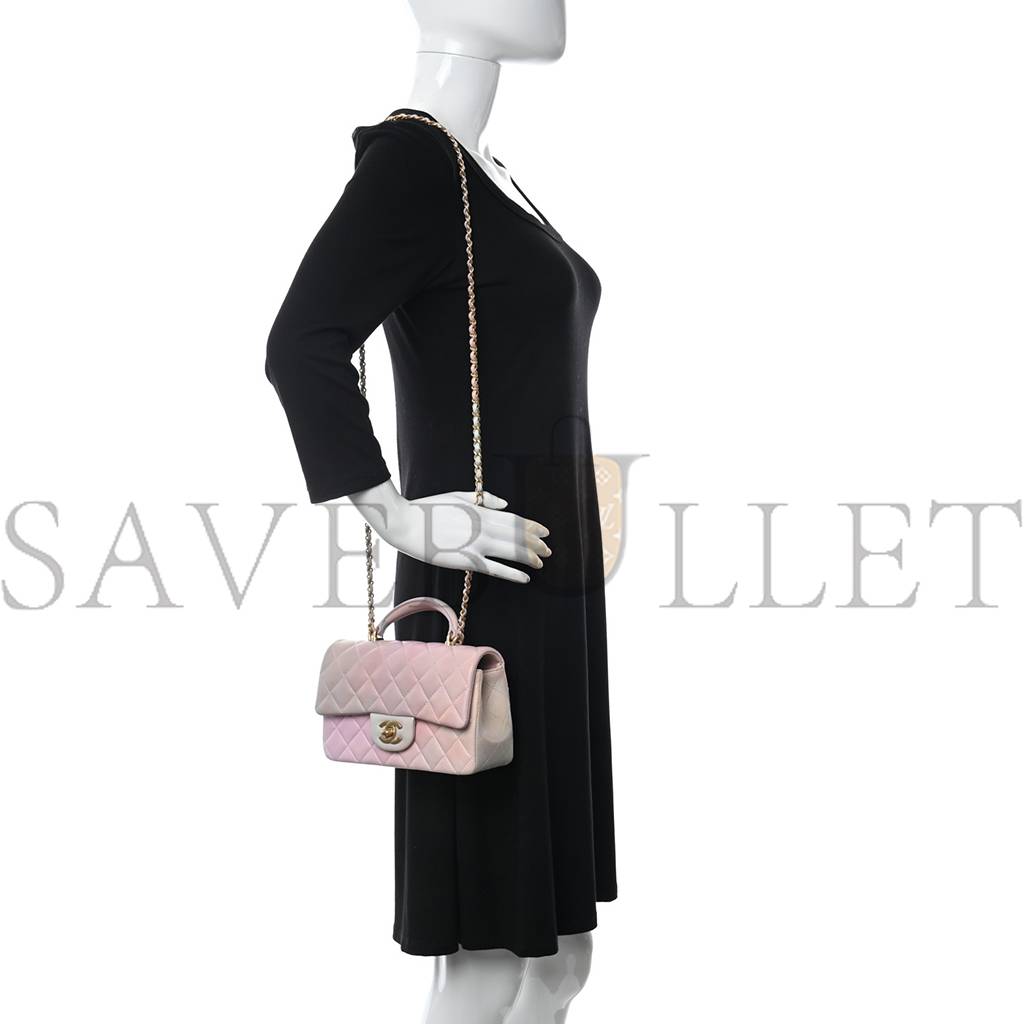 CH*NEL LAMBSKIN QUILTED OMBRE MINI TOP HANDLE RECTANGULAR FLAP PINK MULTICOLOR GOLD HARDWARE (20*13*