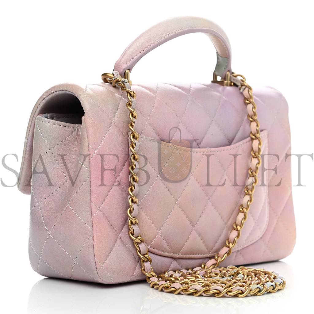 CH*NEL LAMBSKIN QUILTED OMBRE MINI TOP HANDLE RECTANGULAR FLAP PINK MULTICOLOR GOLD HARDWARE (20*13*