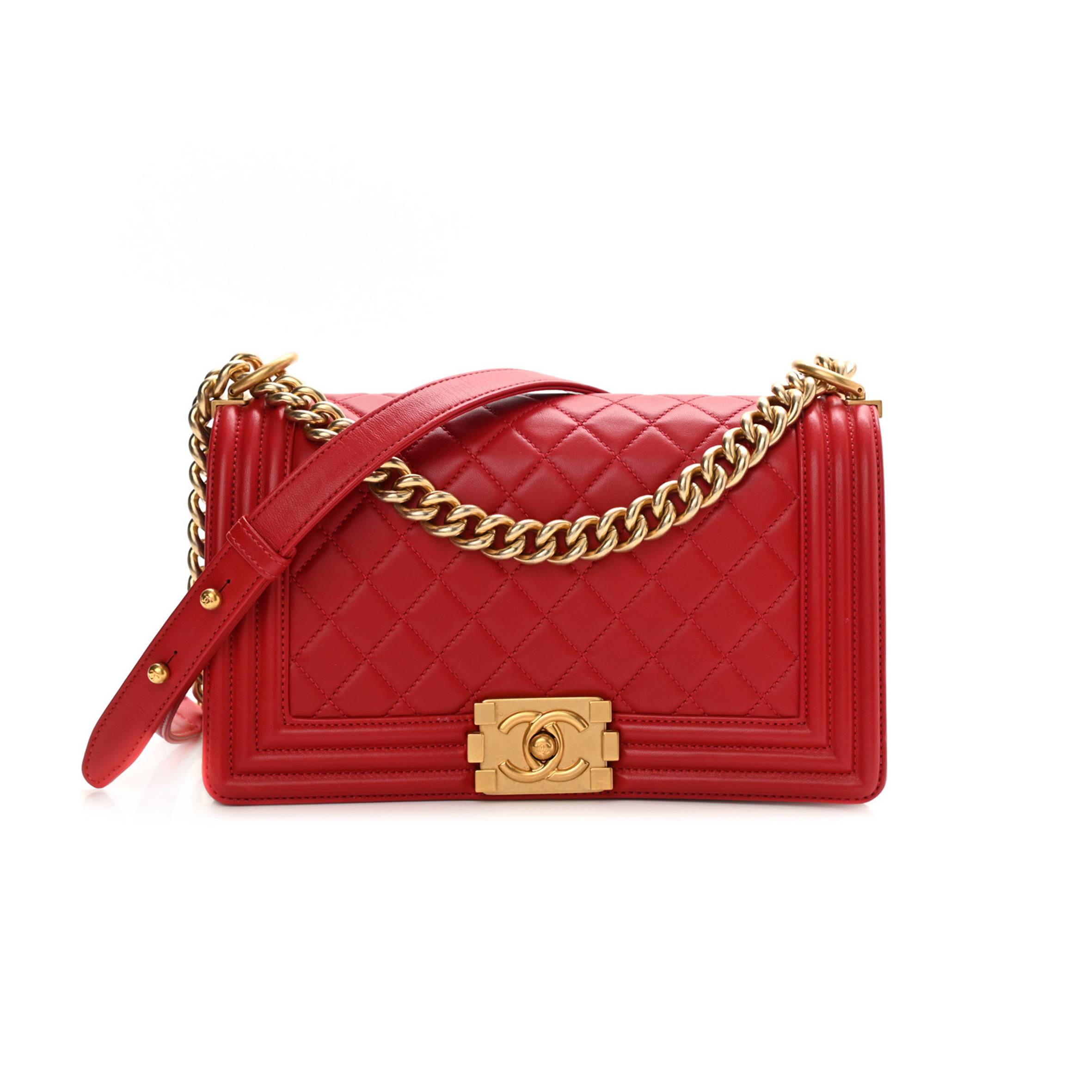Ch*el lambskin quilted medium boy flap red gold hardware (25*15*8cm)