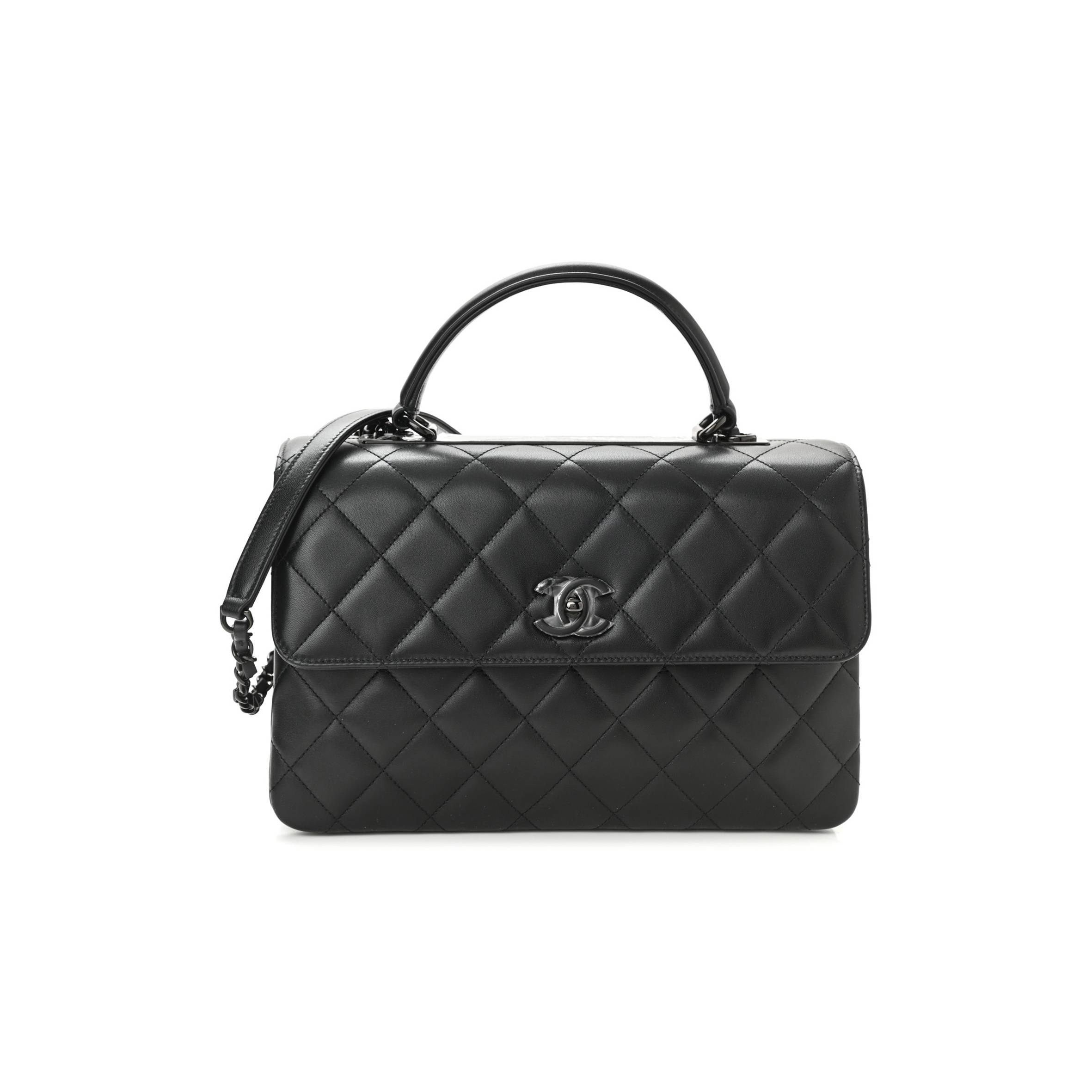 Ch*el lambskin quilted medium trendy cc dual handle flap bag so black black hardware  (25*18*10cm)