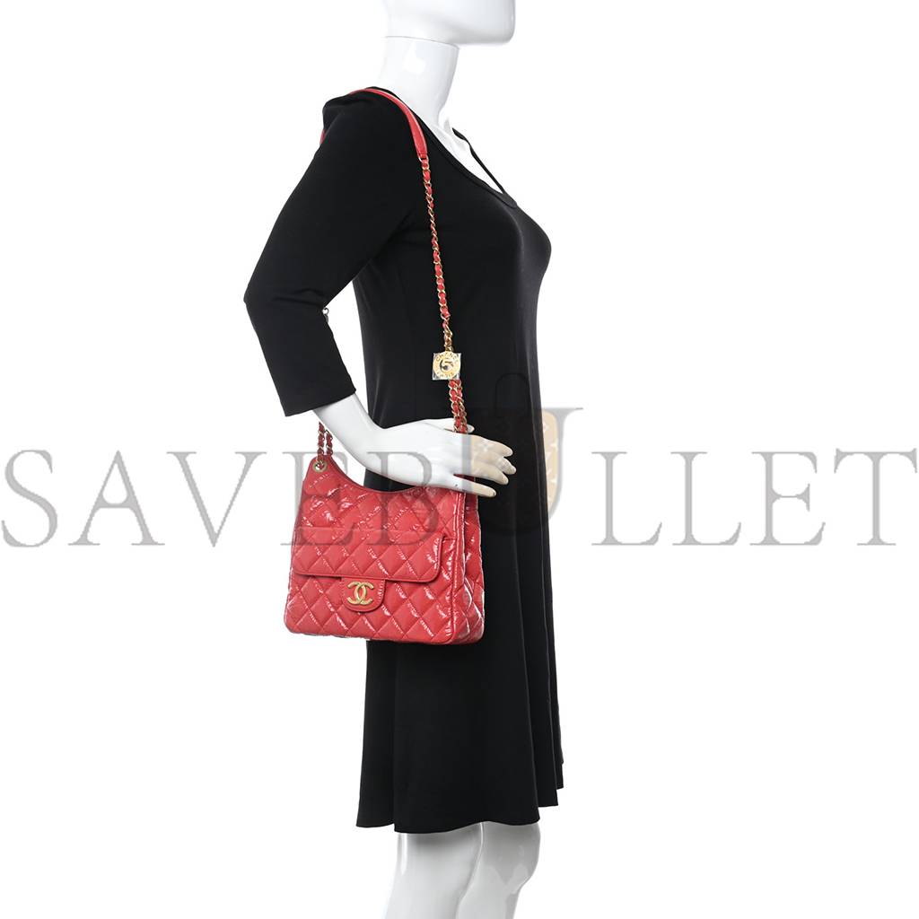 Ch*el shiny crumpled calfskin quilted small hobo red gold hardware (22*17*7cm)
