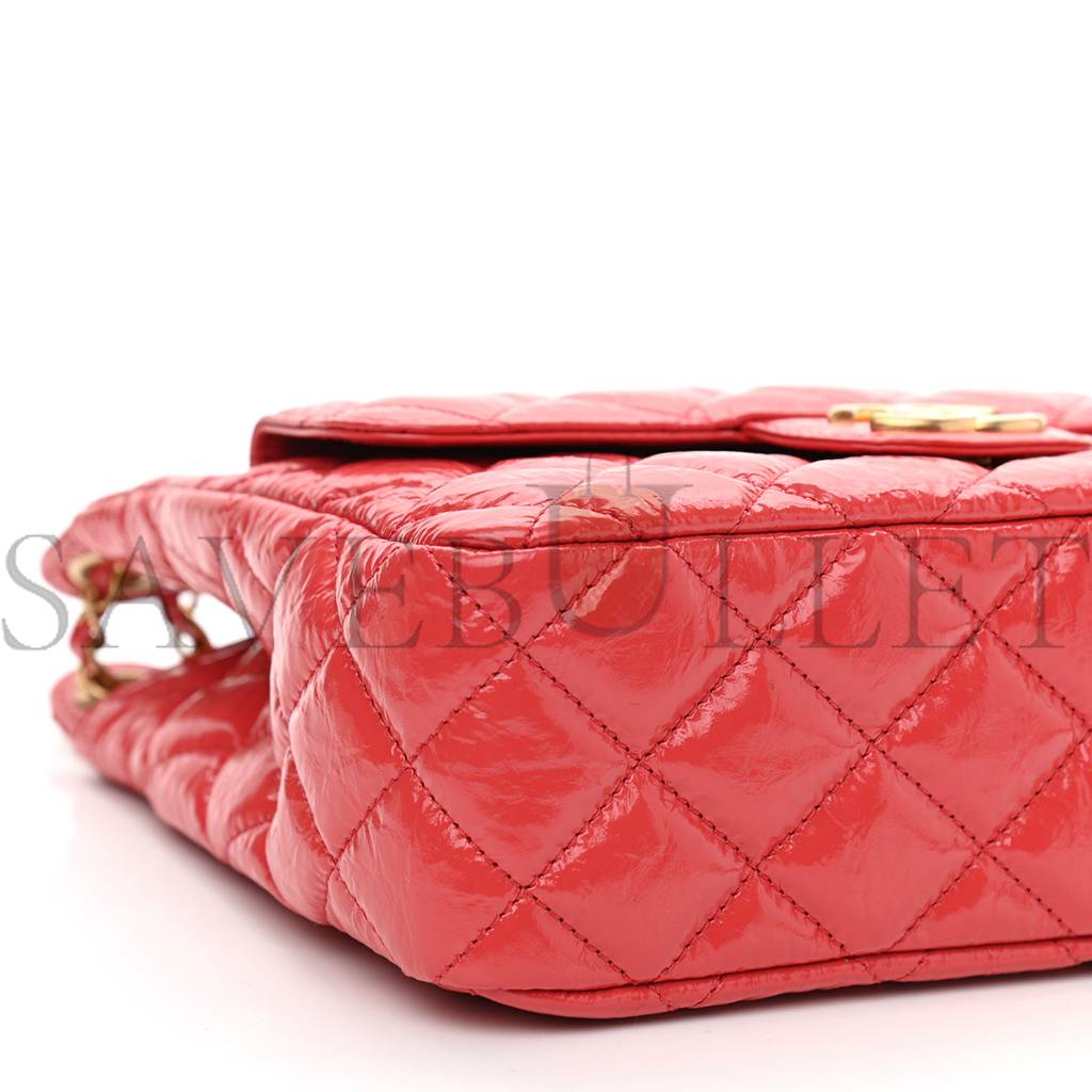 Ch*el shiny crumpled calfskin quilted small hobo red gold hardware (22*17*7cm)