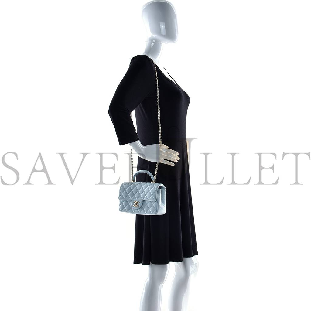 Ch*el lambskin quilted mini top handle rectangular flap light blue rose gold hardware (19*12*6cm)