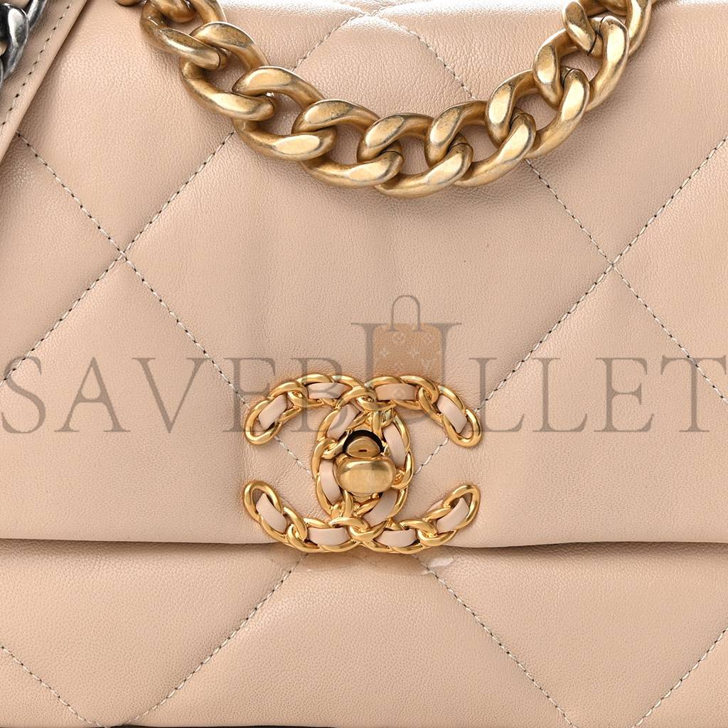 Ch*el goatskin quilted medium Ch*el 19 flap light beige gold hardware (25*15*8cm)