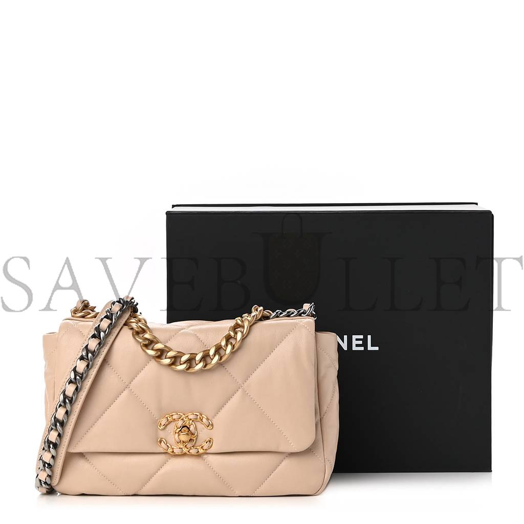 Ch*el goatskin quilted medium Ch*el 19 flap light beige gold hardware (25*15*8cm)