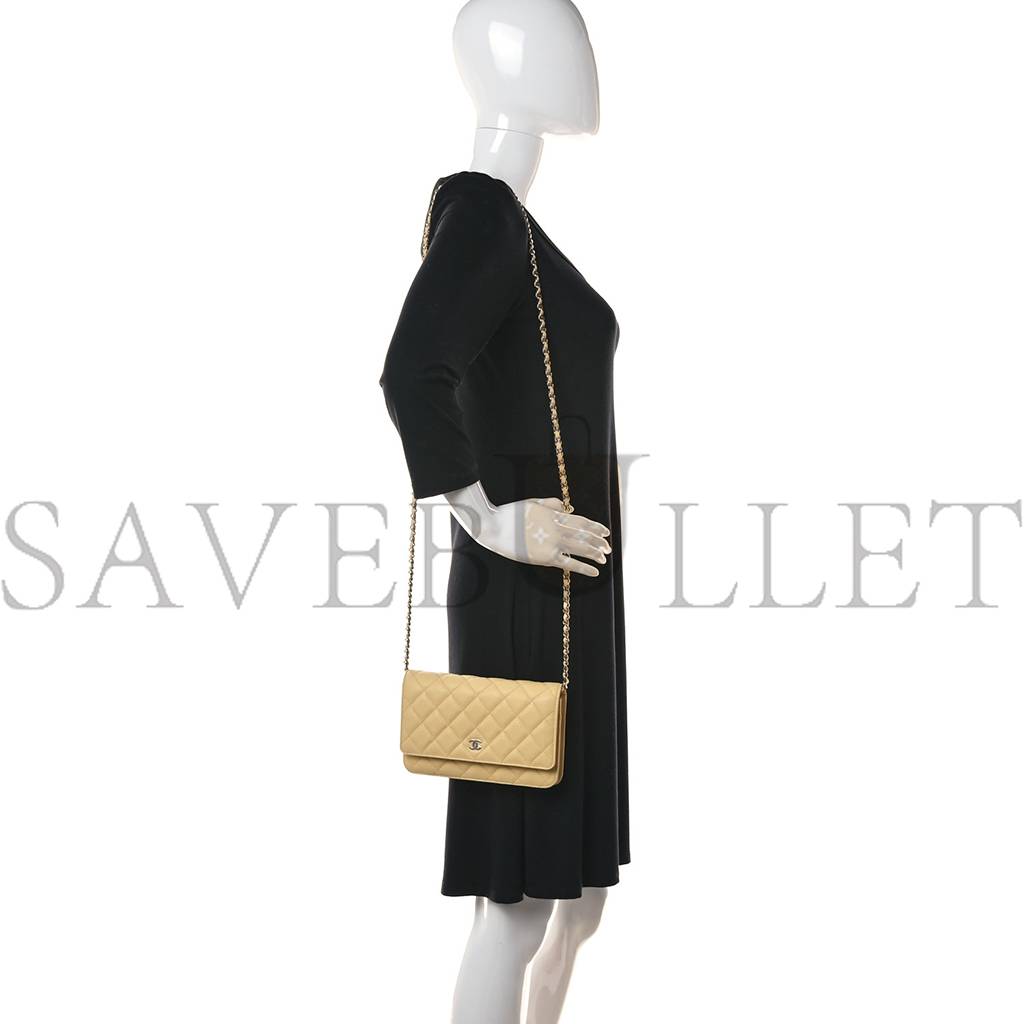 Ch*el caviar quilted wallet on chain woc light yellow rose gold hardware (19*12*3cm)