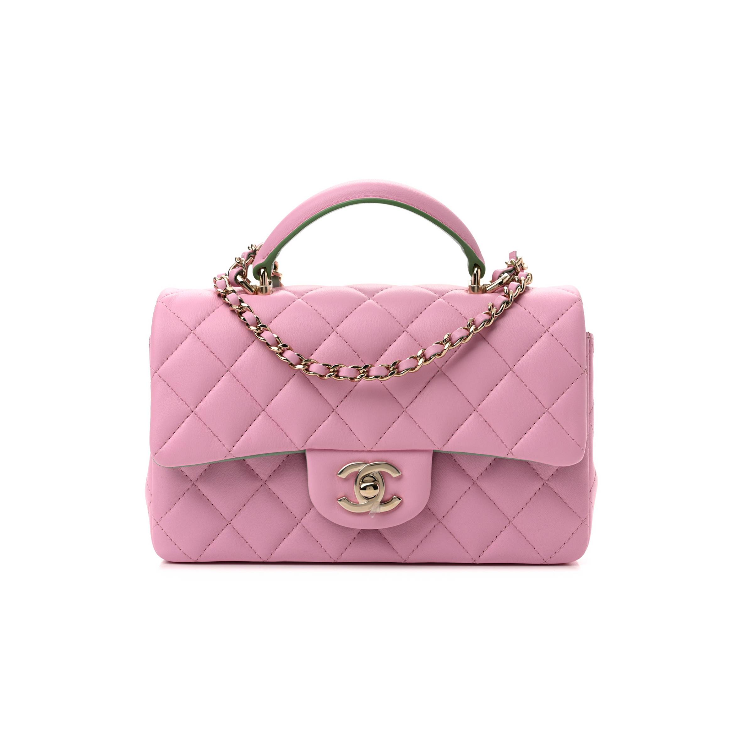 CH*NEL LAMBSKIN QUILTED MINI TOP HANDLE RECTANGULAR FLAP LILAC LIGHT GREEN ROSE GOLD HARDWARE (20*12