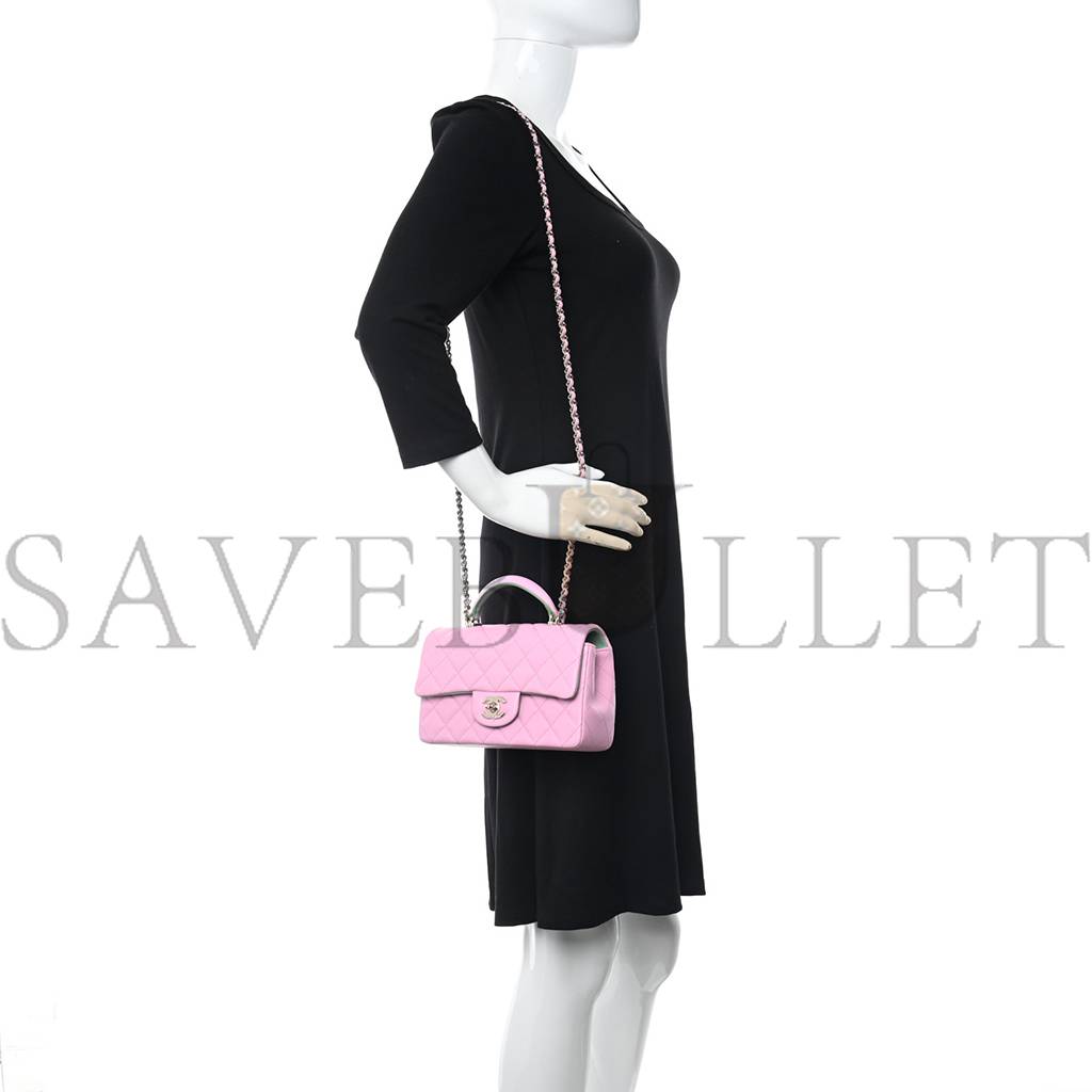 CH*NEL LAMBSKIN QUILTED MINI TOP HANDLE RECTANGULAR FLAP LILAC LIGHT GREEN ROSE GOLD HARDWARE (20*12