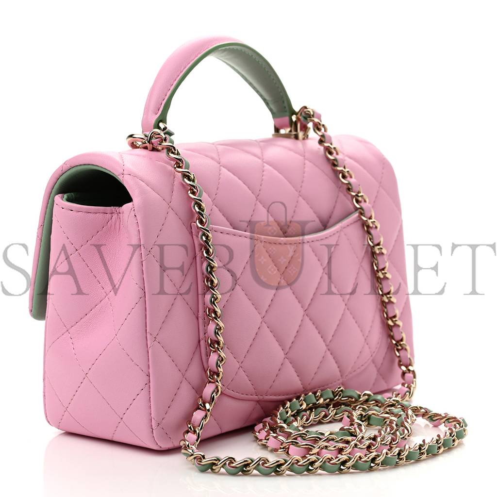 CH*NEL LAMBSKIN QUILTED MINI TOP HANDLE RECTANGULAR FLAP LILAC LIGHT GREEN ROSE GOLD HARDWARE (20*12