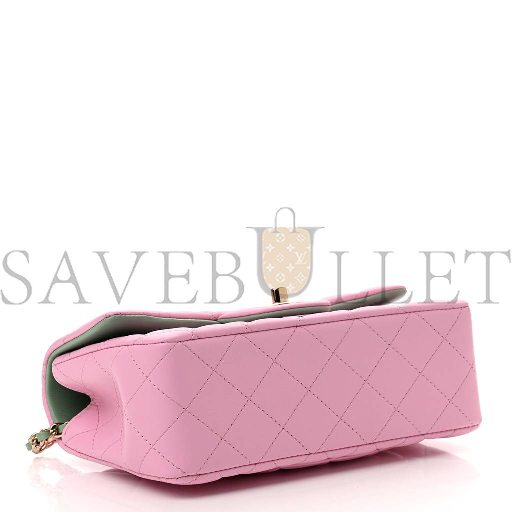 CH*NEL LAMBSKIN QUILTED MINI TOP HANDLE RECTANGULAR FLAP LILAC LIGHT GREEN ROSE GOLD HARDWARE (20*12
