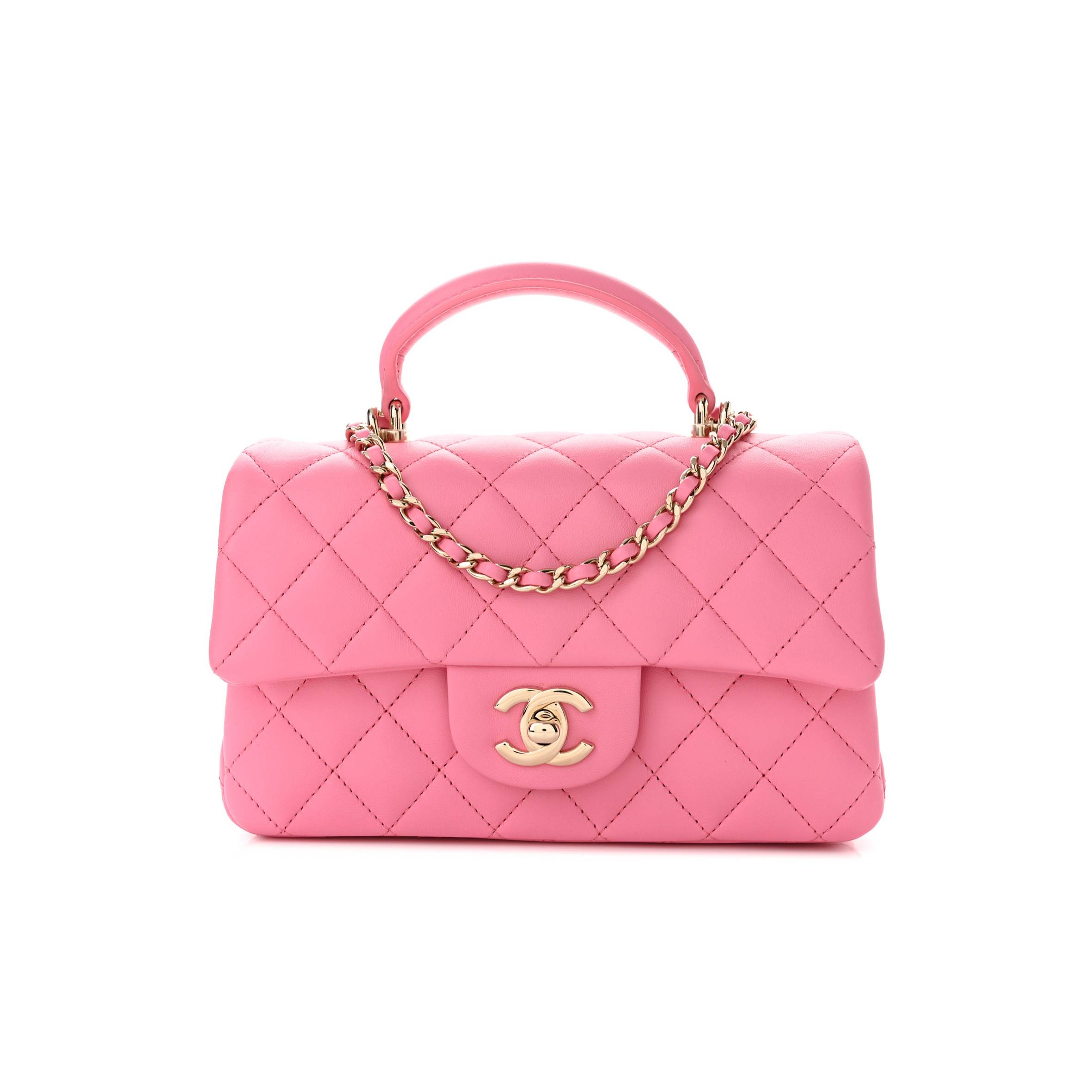 Ch*el lambskin quilted mini top handle rectangular flap pink rose gold hardware  (20*12*6cm)