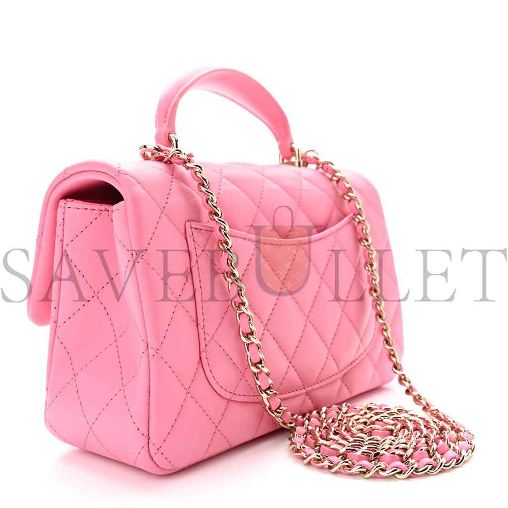 Ch*el lambskin quilted mini top handle rectangular flap pink rose gold hardware  (20*12*6cm)