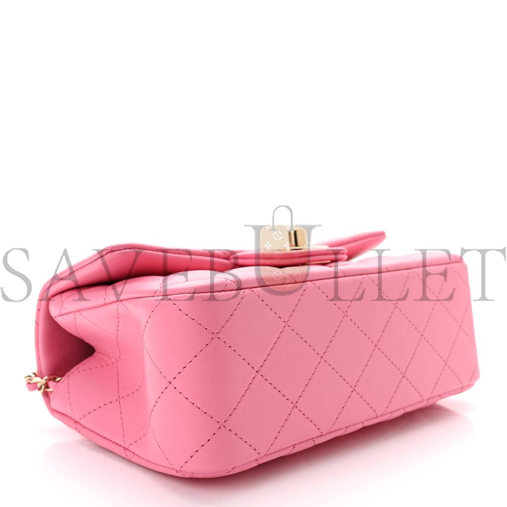 Ch*el lambskin quilted mini top handle rectangular flap pink rose gold hardware  (20*12*6cm)