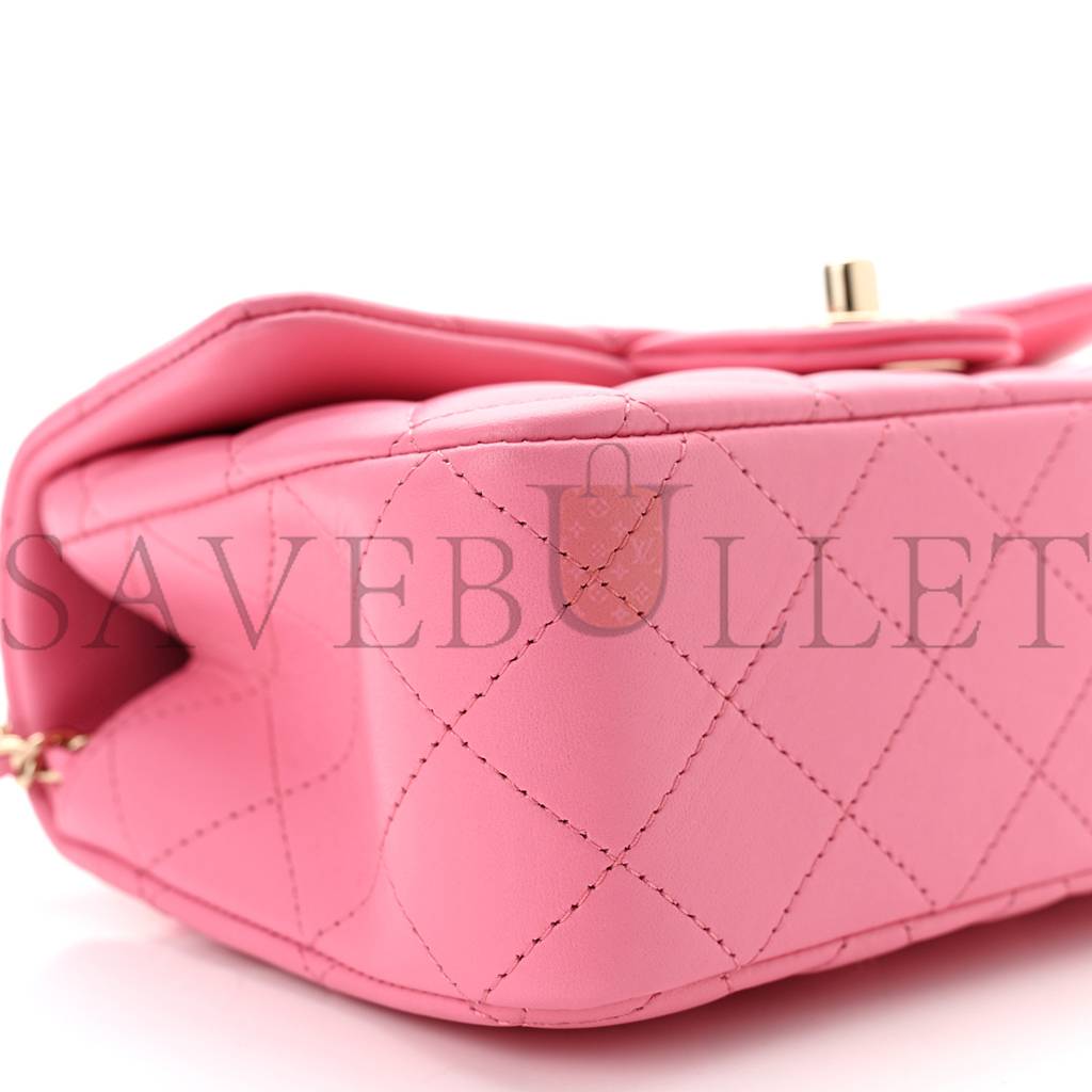 Ch*el lambskin quilted mini top handle rectangular flap pink rose gold hardware  (20*12*6cm)