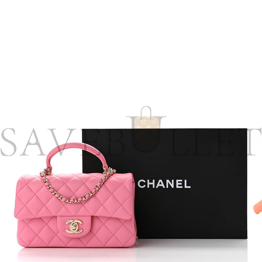 Ch*el lambskin quilted mini top handle rectangular flap pink rose gold hardware  (20*12*6cm)