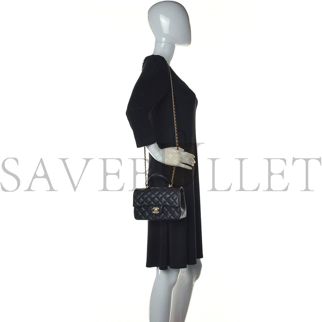 Ch*el caviar quilted mini top handle rectangular flap black gold hardware (20*13*6cm)