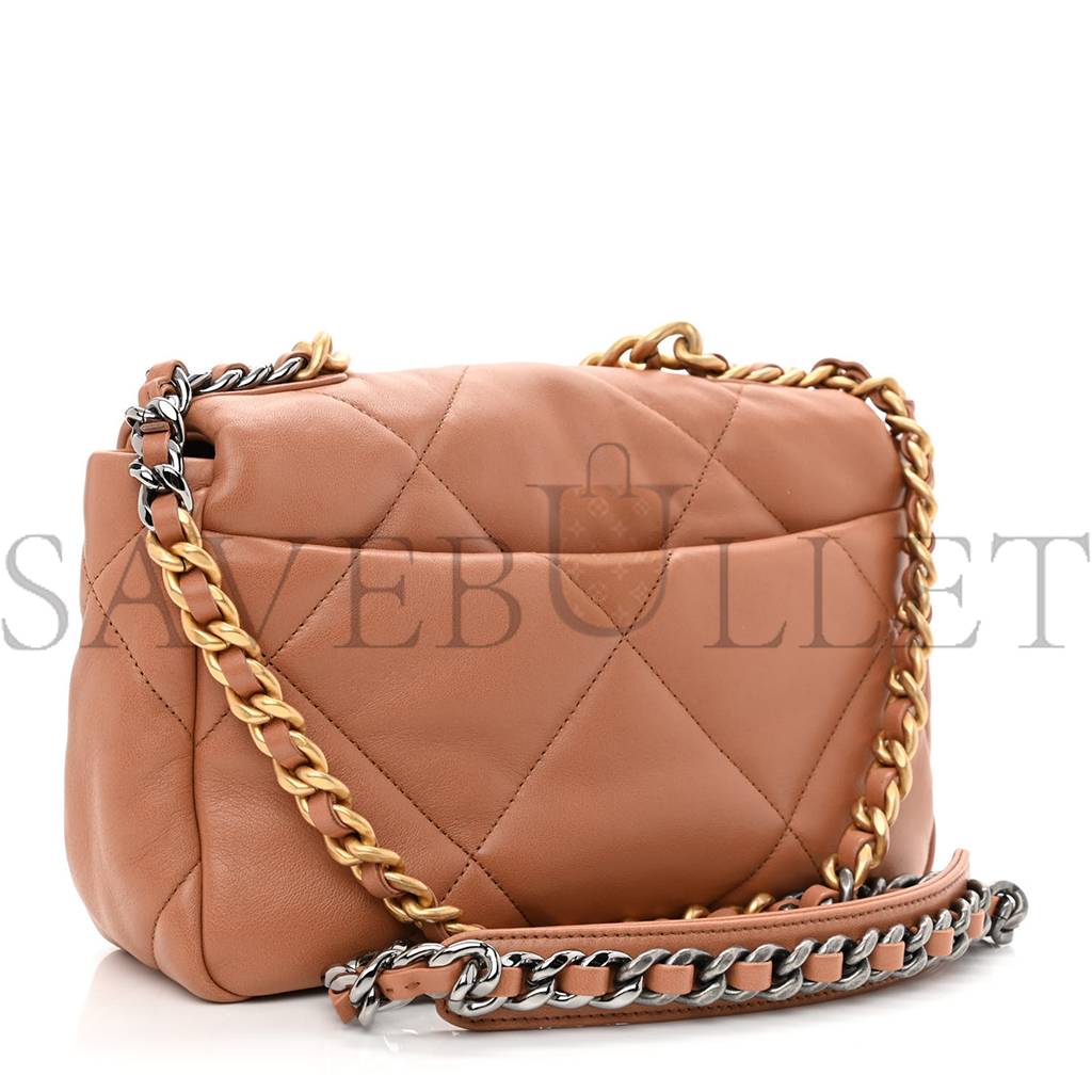 Ch*el lambskin quilted medium Ch*el 19 flap brown gold hardware (25*16*8cm)