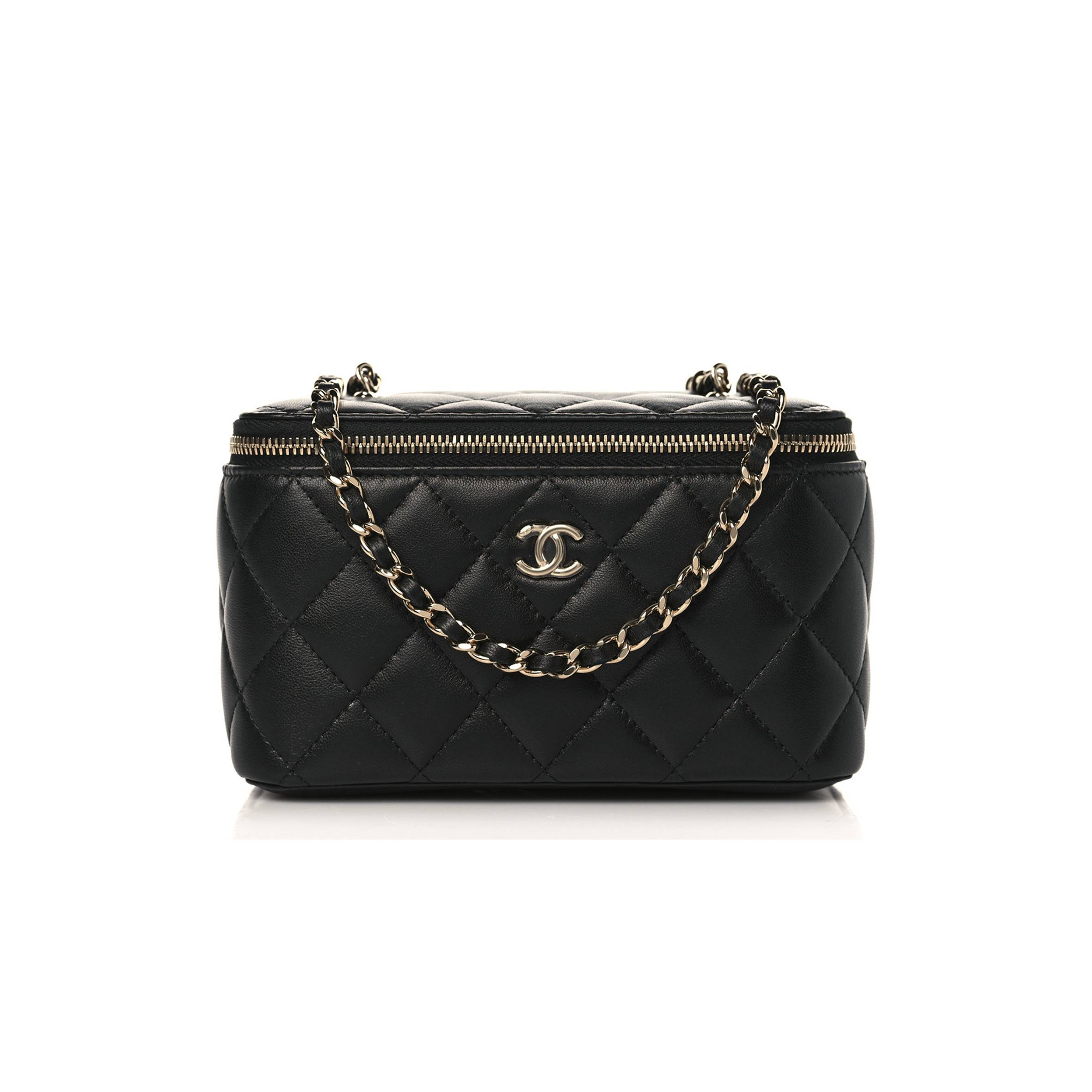 CH*NEL LAMBSKIN QUILTED PEARL CRUSH SMALL V*A(NITY CASE WITH CHAIN BLACK ROSE GOLD HARDWARE (17*10*8