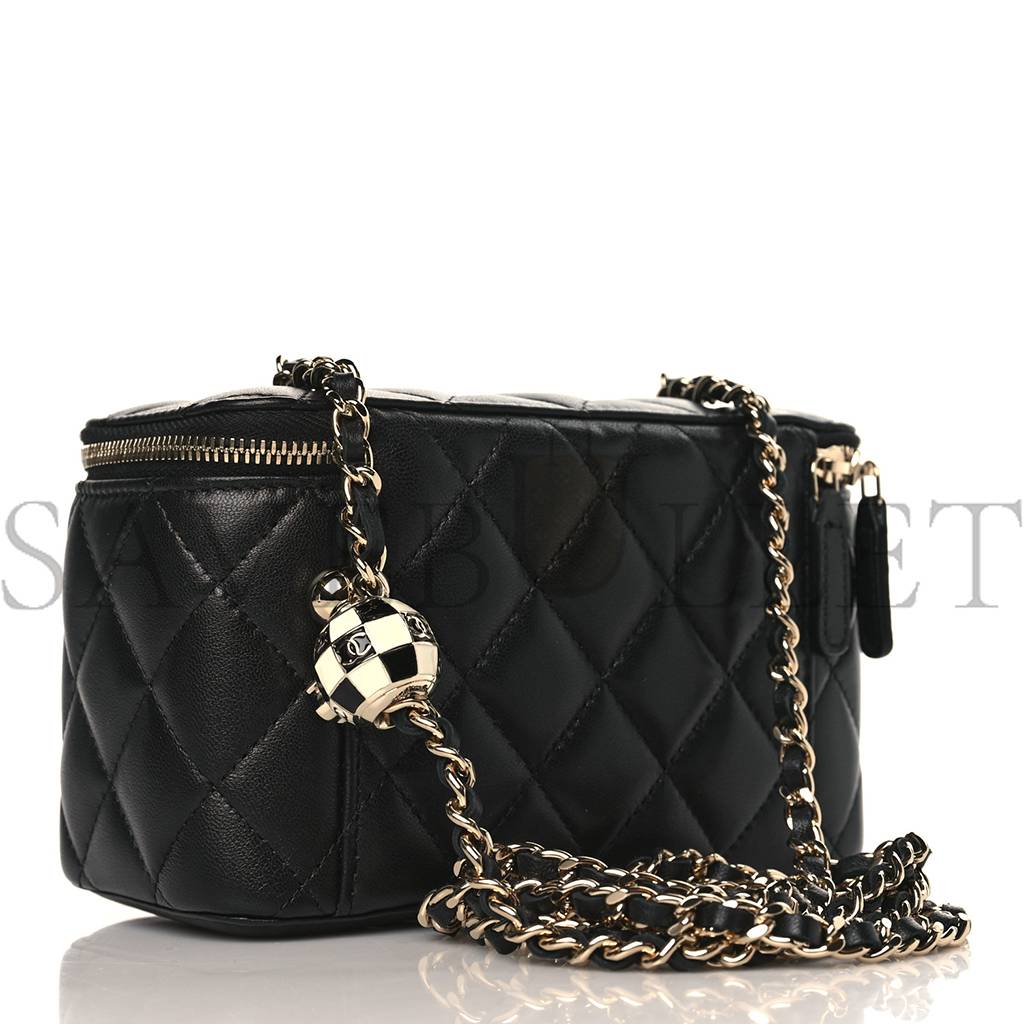 CH*NEL LAMBSKIN QUILTED PEARL CRUSH SMALL V*A(NITY CASE WITH CHAIN BLACK ROSE GOLD HARDWARE (17*10*8