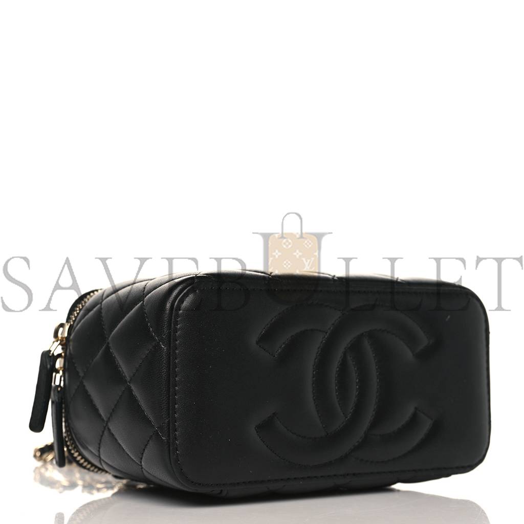 CH*NEL LAMBSKIN QUILTED PEARL CRUSH SMALL V*A(NITY CASE WITH CHAIN BLACK ROSE GOLD HARDWARE (17*10*8