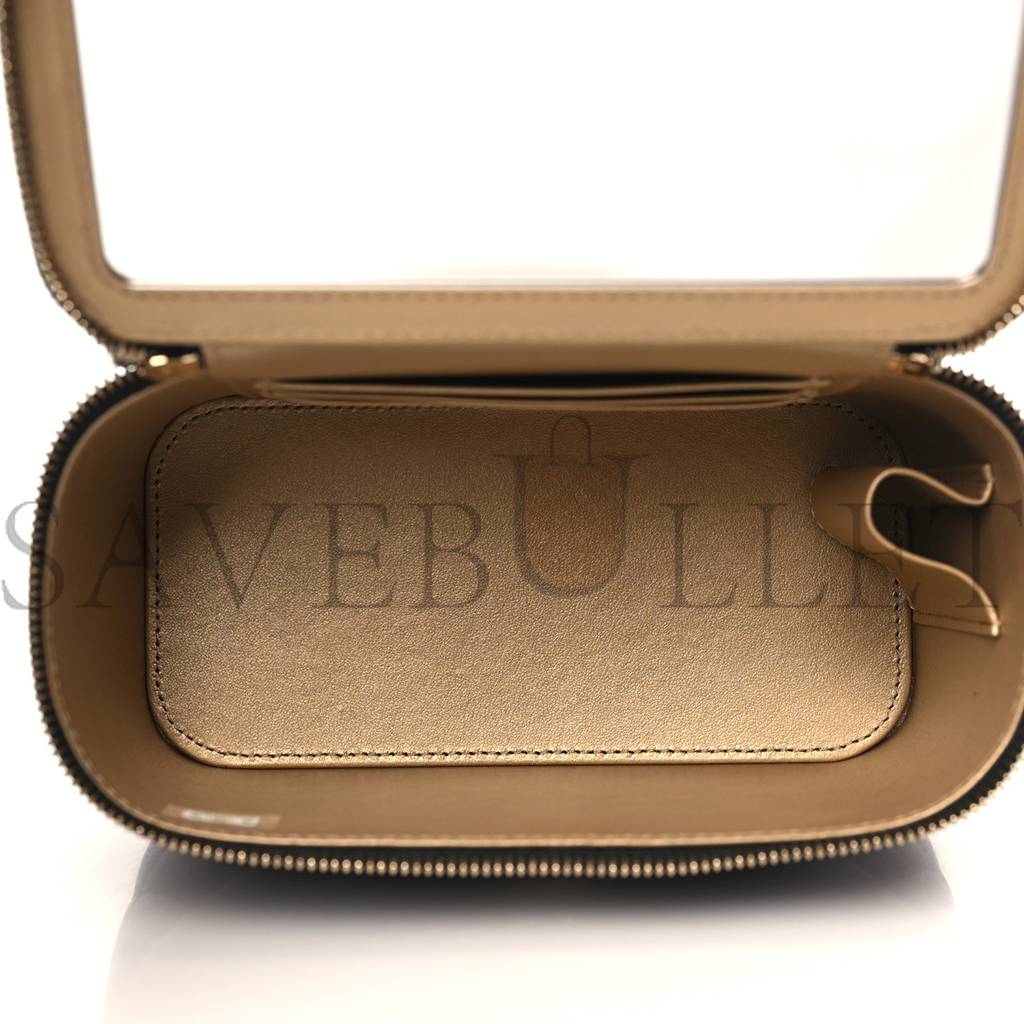 CH*NEL LAMBSKIN QUILTED PEARL CRUSH SMALL V*A(NITY CASE WITH CHAIN BLACK ROSE GOLD HARDWARE (17*10*8