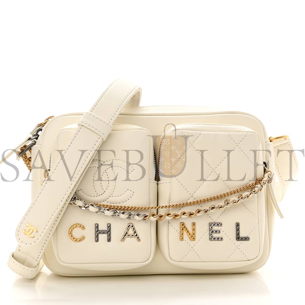 Ch*el calfskin quilted small camera case white gold hardware (21*15*4cm)