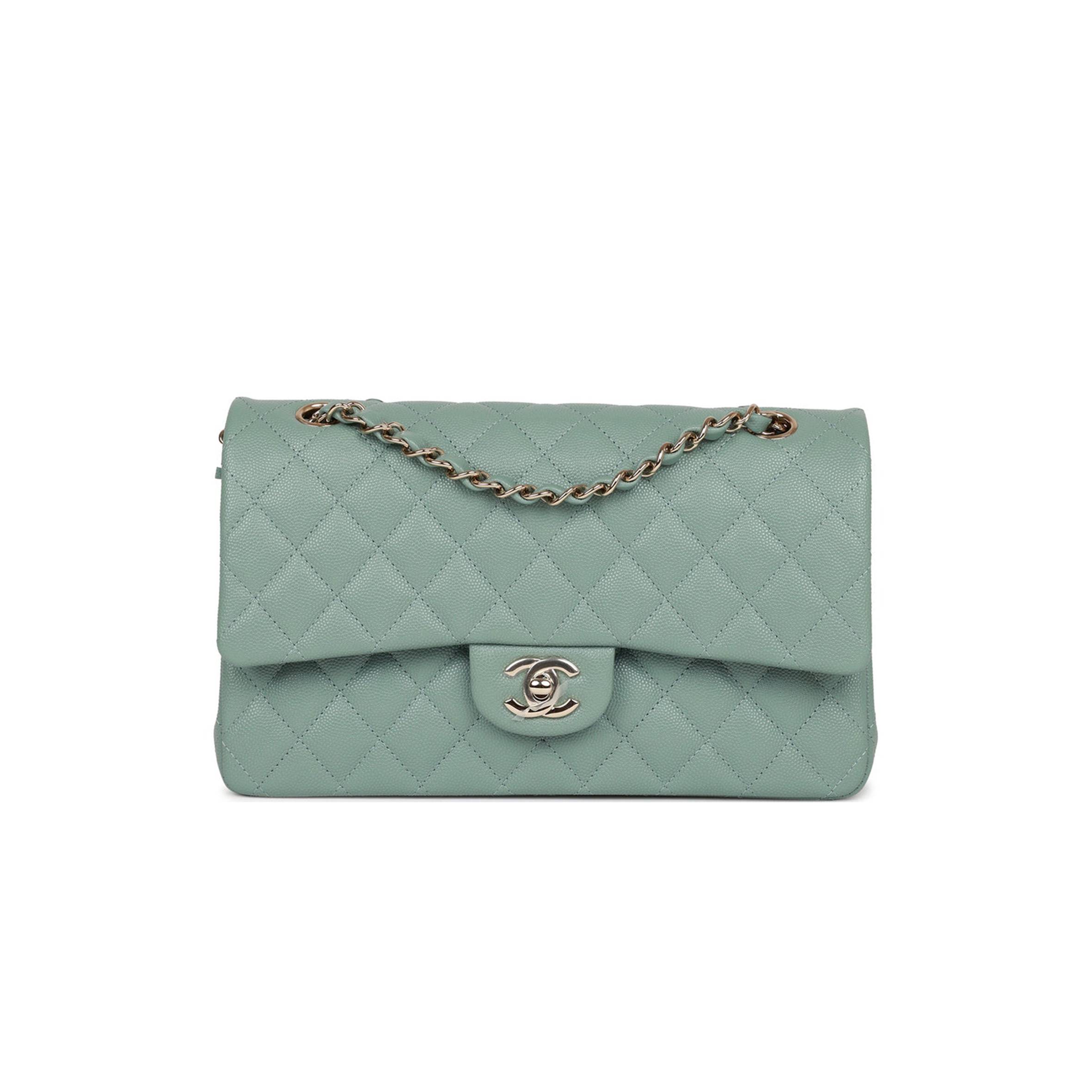 Ch*el medium classic double flap bag green caviar light gold hardware (25*15*7cm)