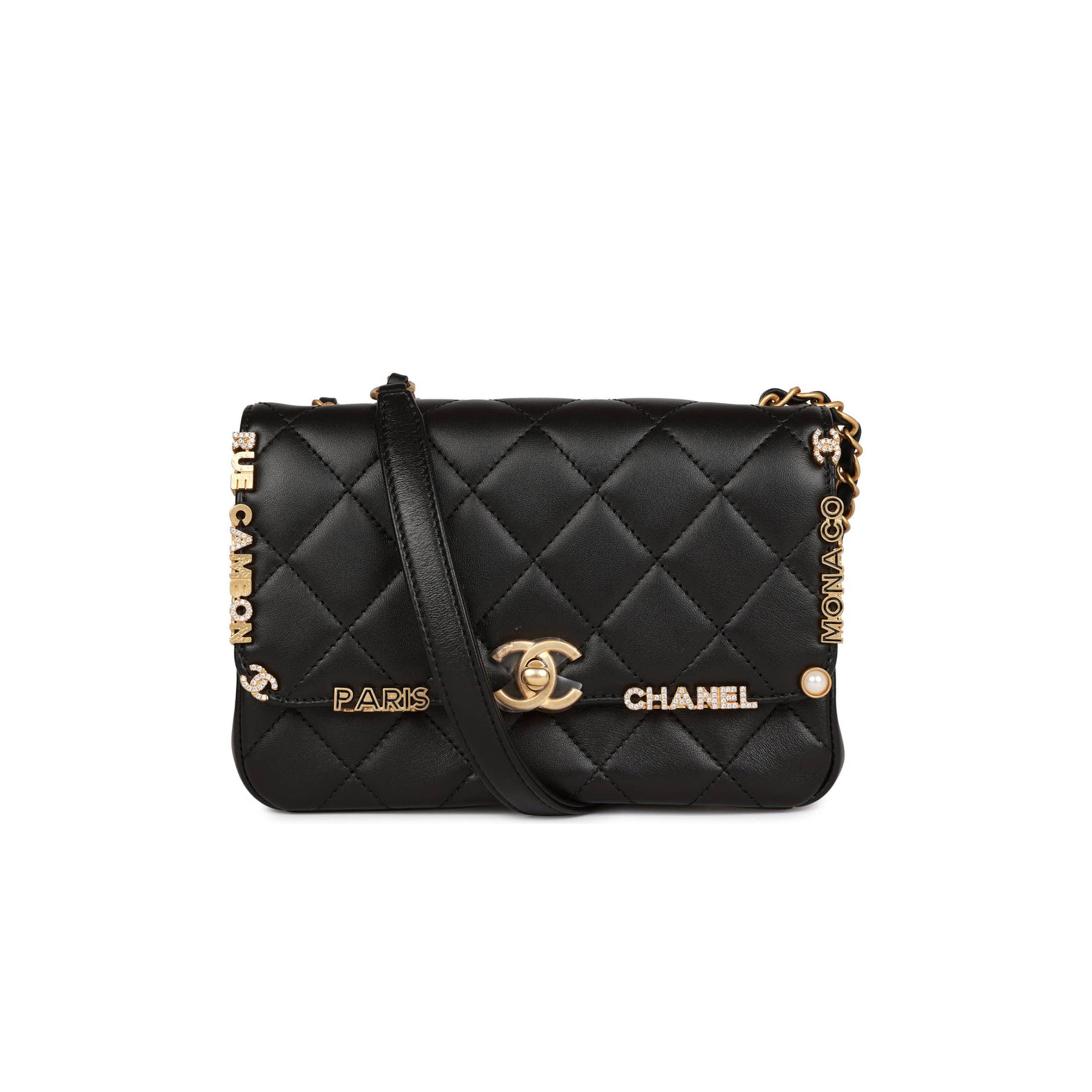 Ch*el monaco mini flap bag black lambskin antique gold hardware (19*13*8cm)