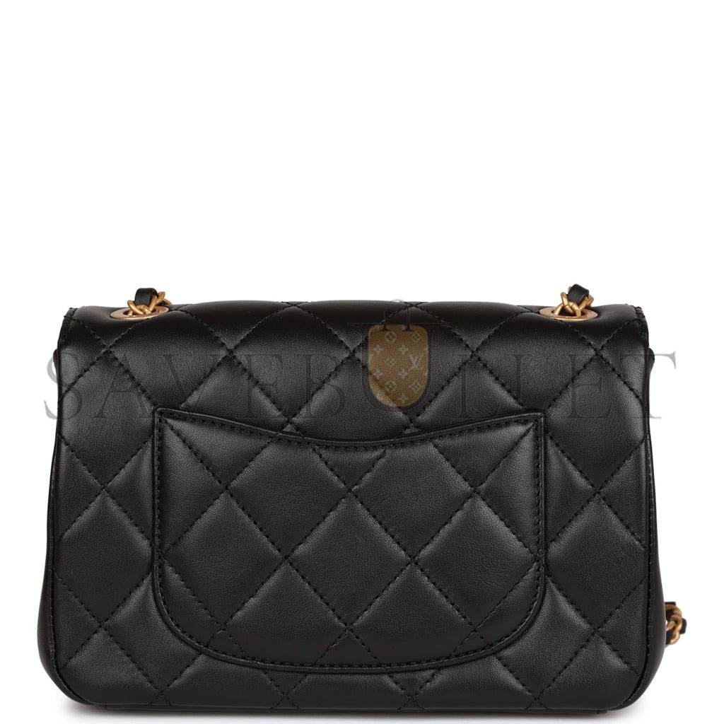 Ch*el monaco mini flap bag black lambskin antique gold hardware (19*13*8cm)