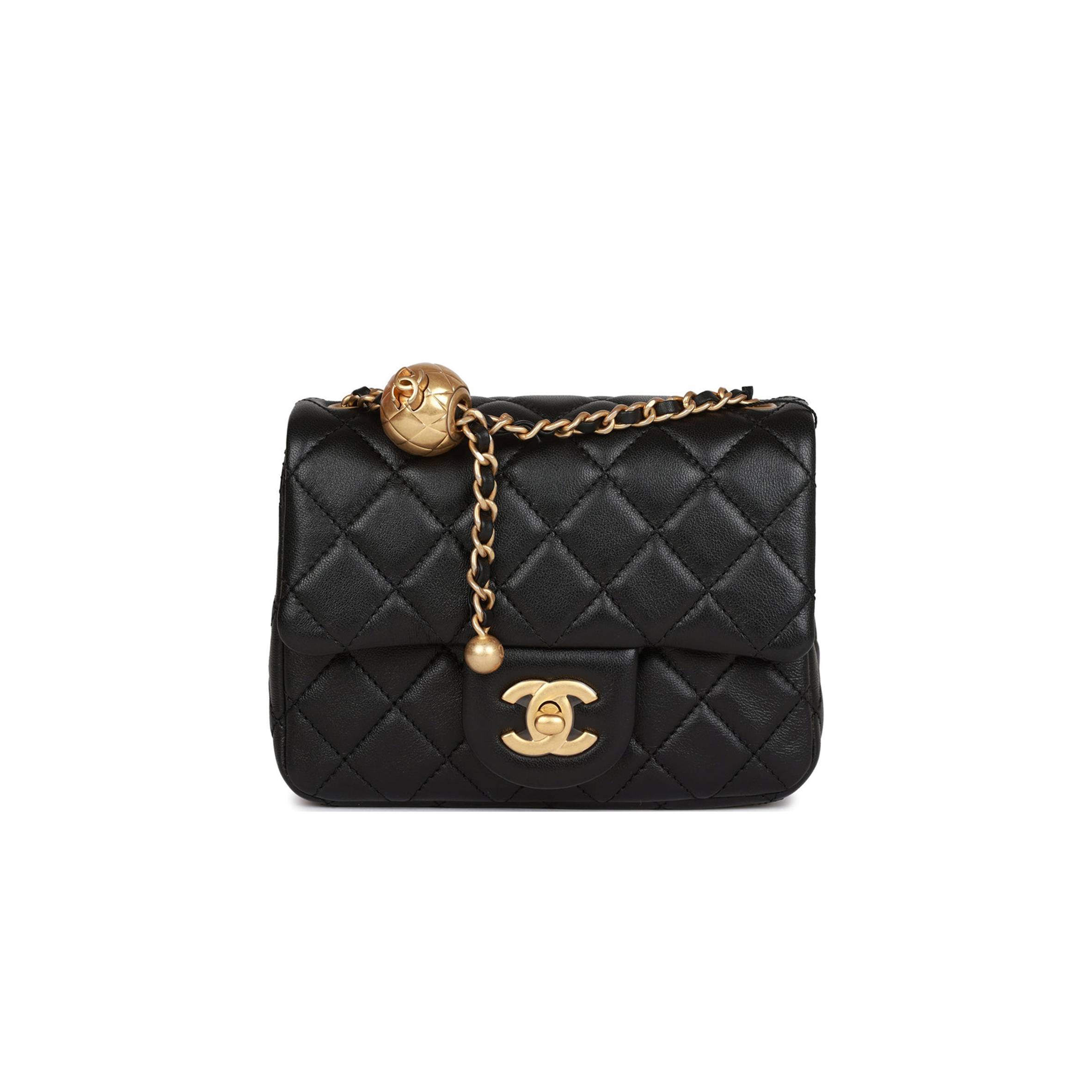 Ch*el pearl crush mini square flap bag black lambskin antique gold hardware  (17*14*8cm)