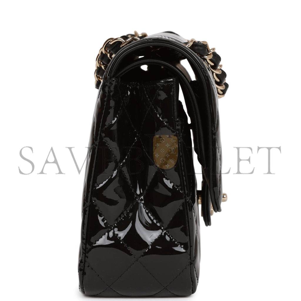 Ch*el medium classic double flap bag black patent light gold hardware (25*15*7cm)