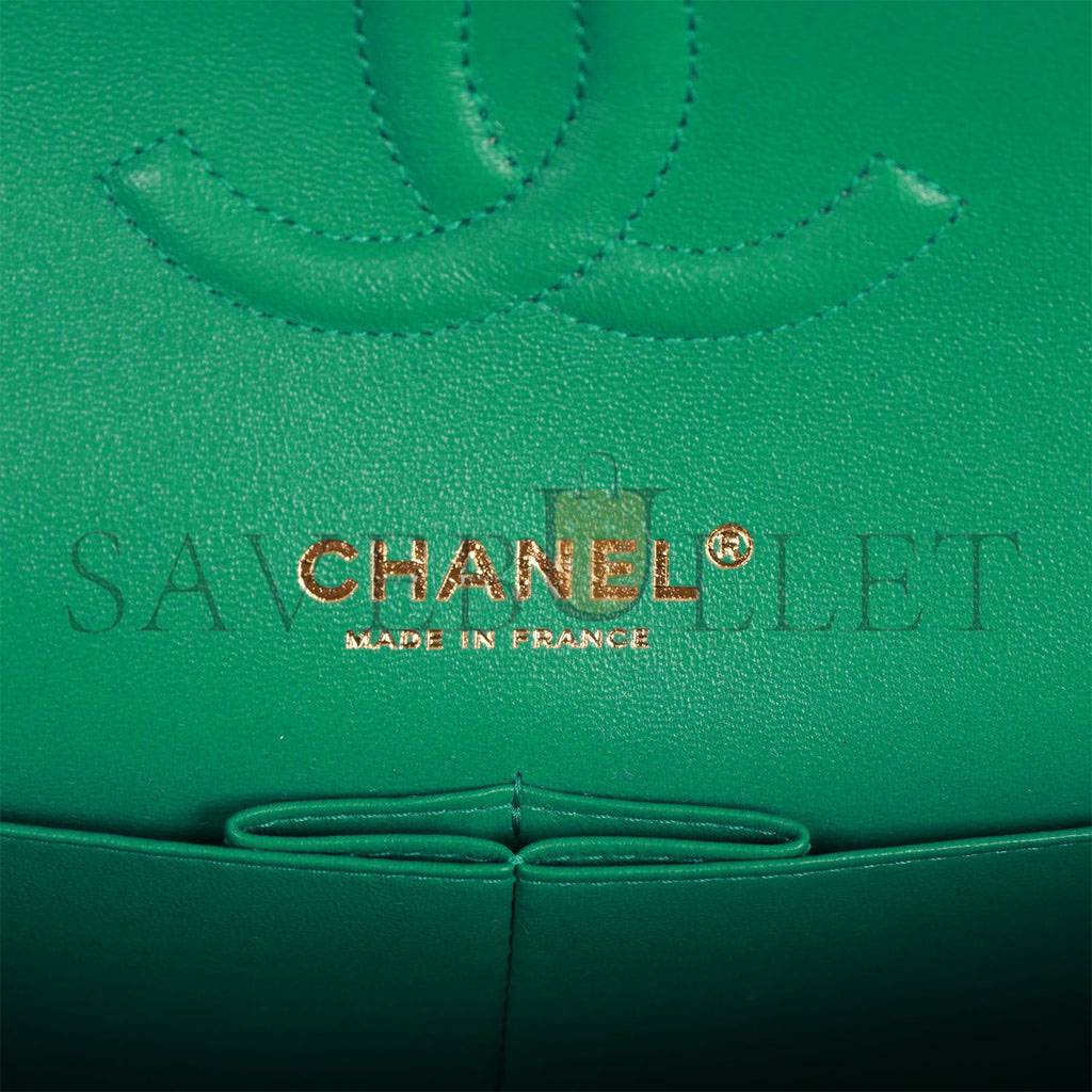 Ch*el medium classic double flap bag green iridescent lambskin light gold hardware (25*15*7cm)
