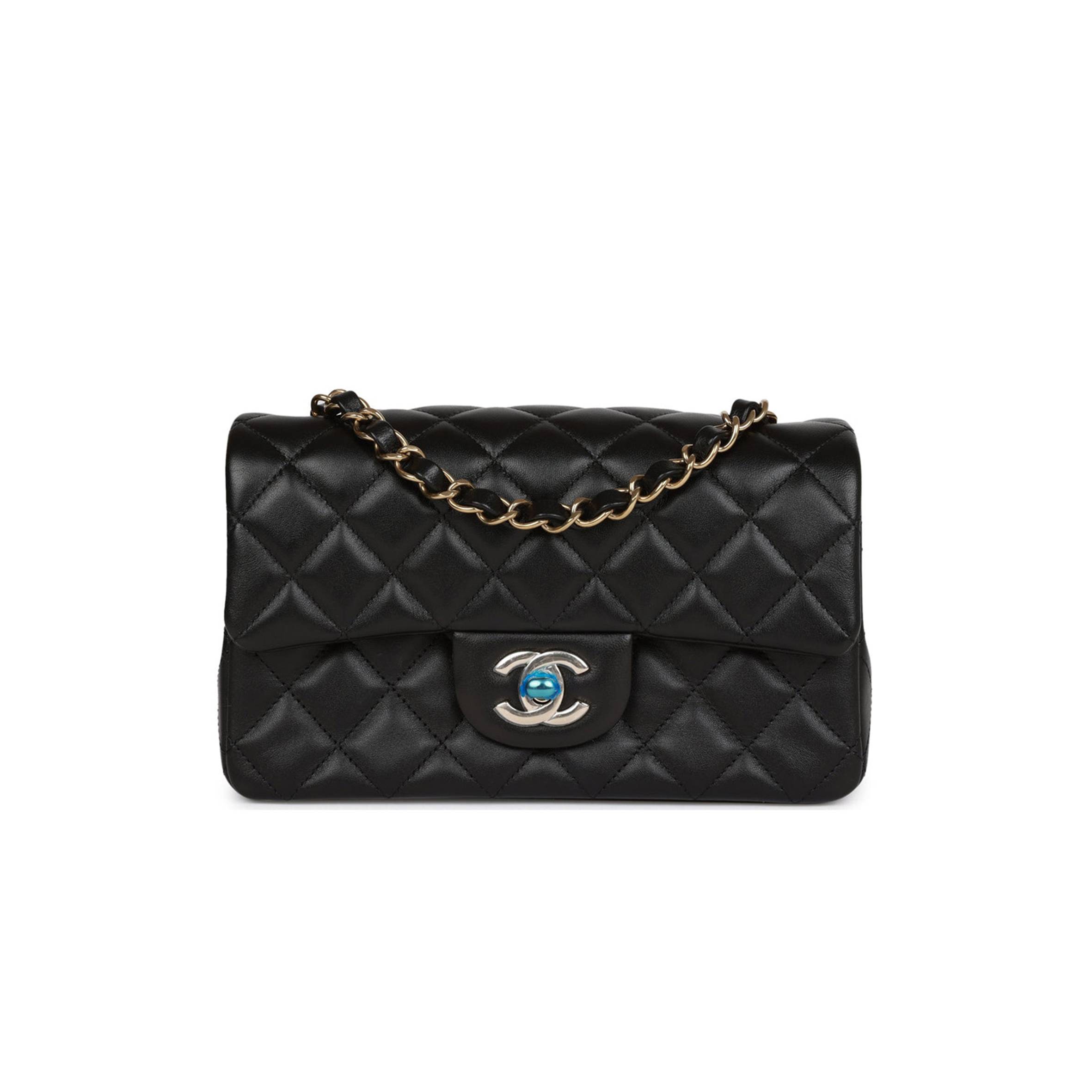 Ch*el mini rectangular flap bag black lambskin light gold hardware (20*13*6cm)