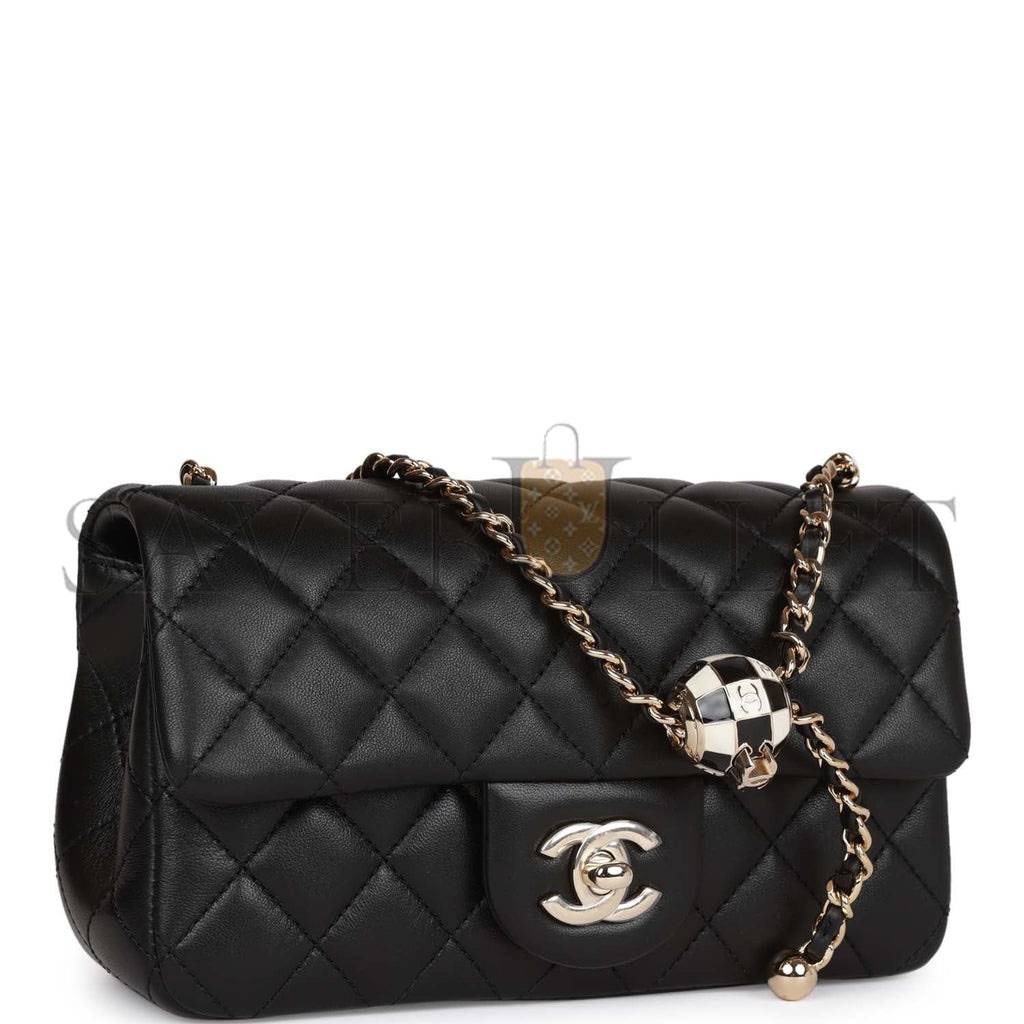 Ch*el pearl crush mini rectangular flap bag black lambskin light gold hardware (20*13*6cm)