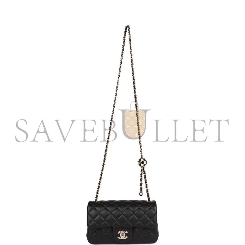 Ch*el pearl crush mini rectangular flap bag black lambskin light gold hardware (20*13*6cm)