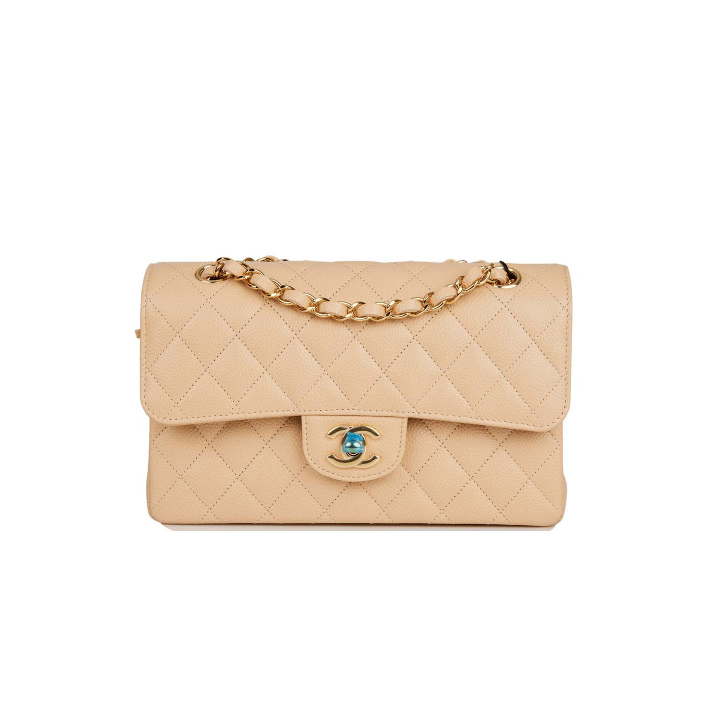 Ch*el small classic double flap bag beige caviar gold hardware (23*13*6cm)