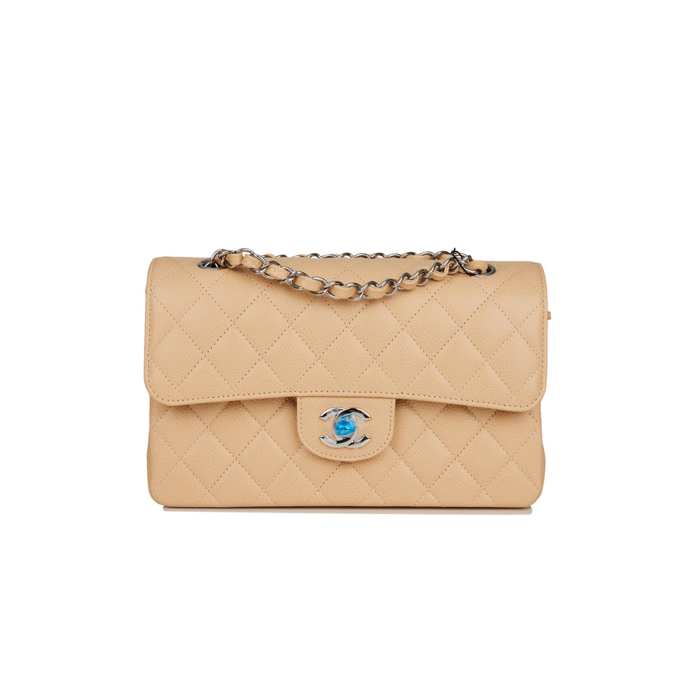 Ch*el small classic double flap bag beige caviar silver hardware (23*13*6cm)
